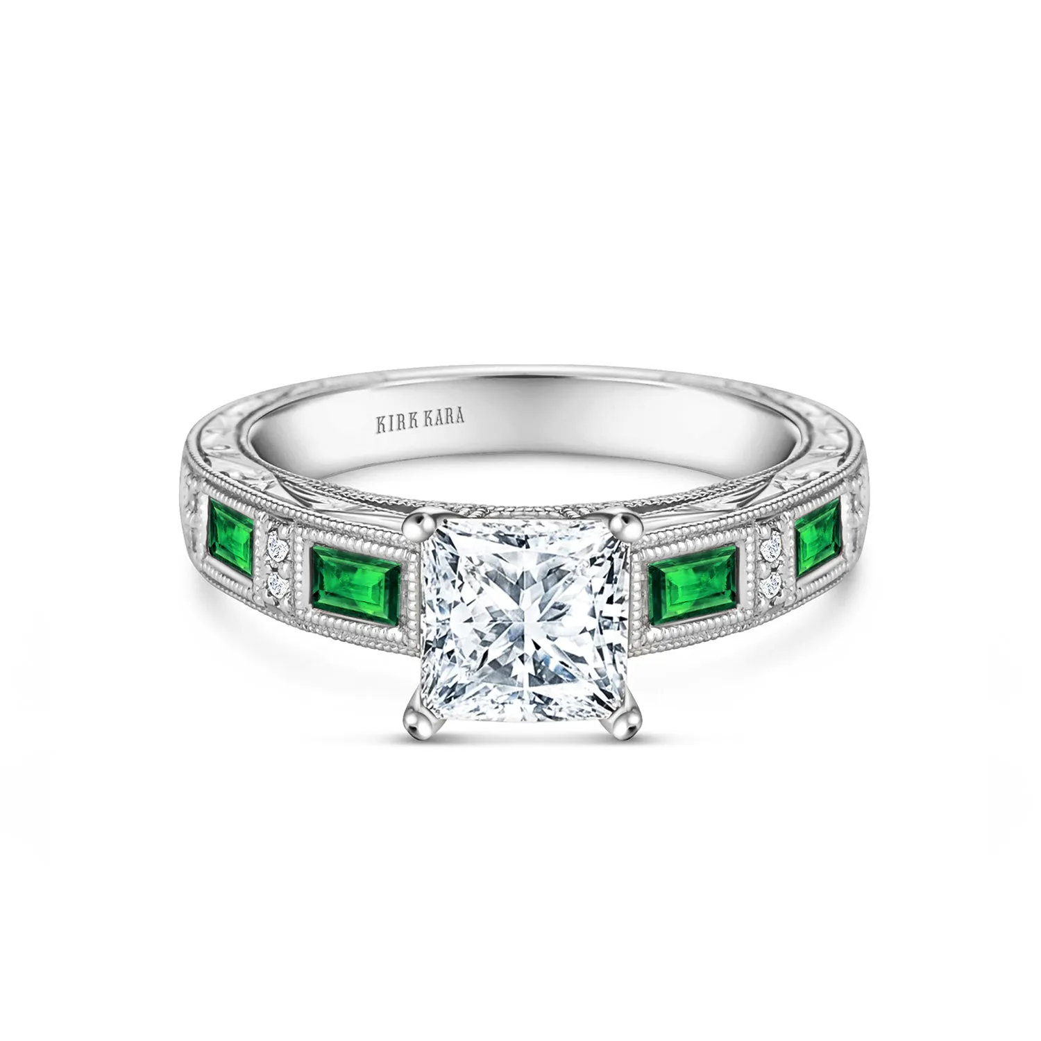 Tsavorite Baguette Engraved Cathedral Diamond Engagement Ring sold by Kirk Kara