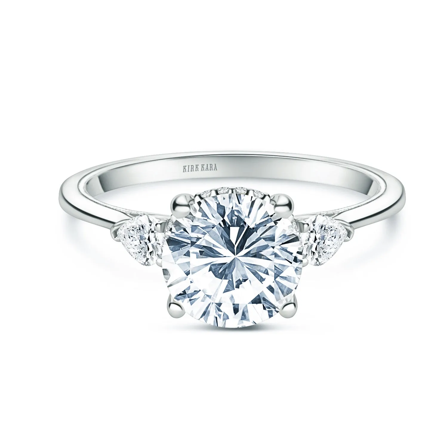 Three Stone Pear Hidden Halo Diamond Engagement Ring sold by Kirk Kara