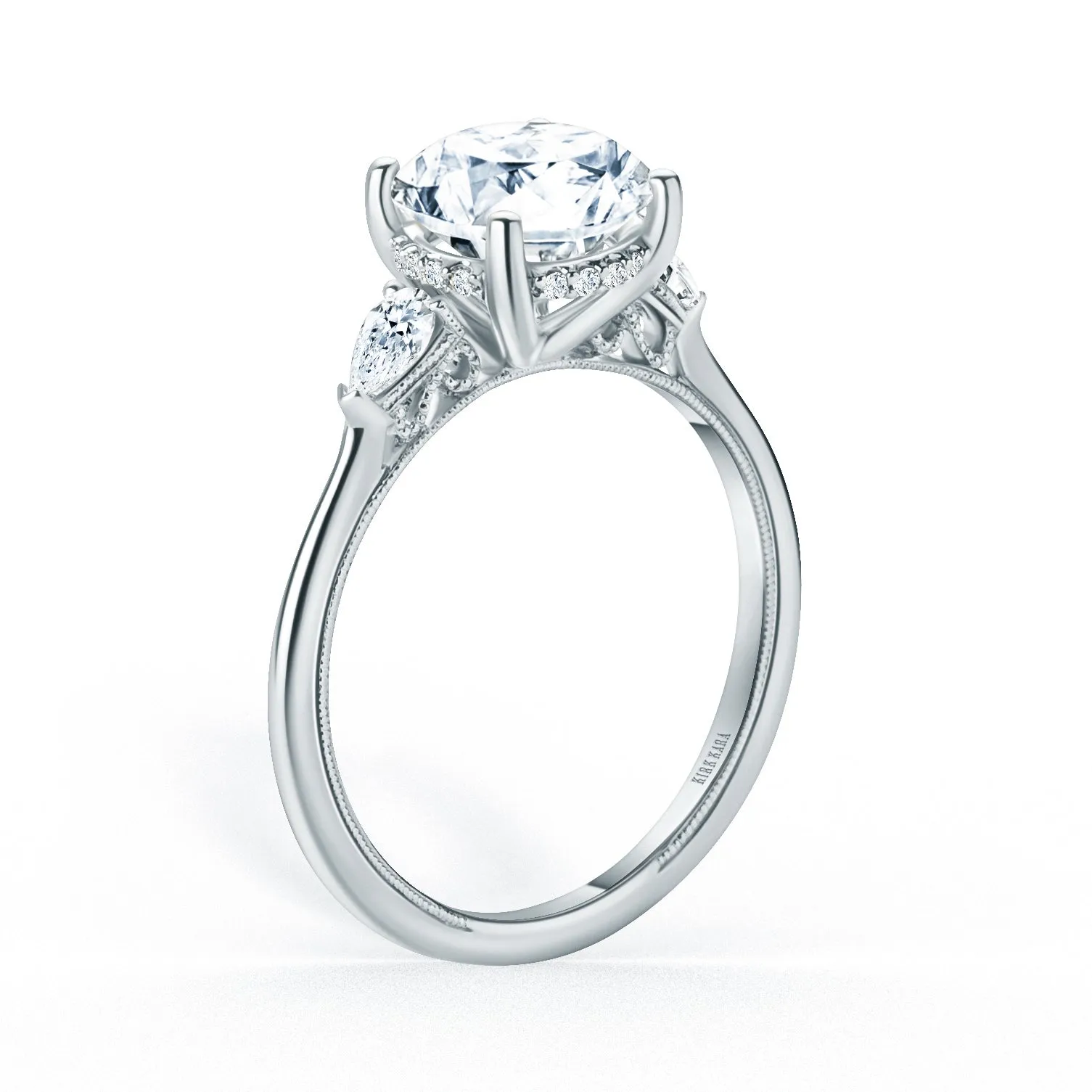 Three Stone Pear Hidden Halo Diamond Engagement Ring sold by Kirk Kara product image thumbnail 2