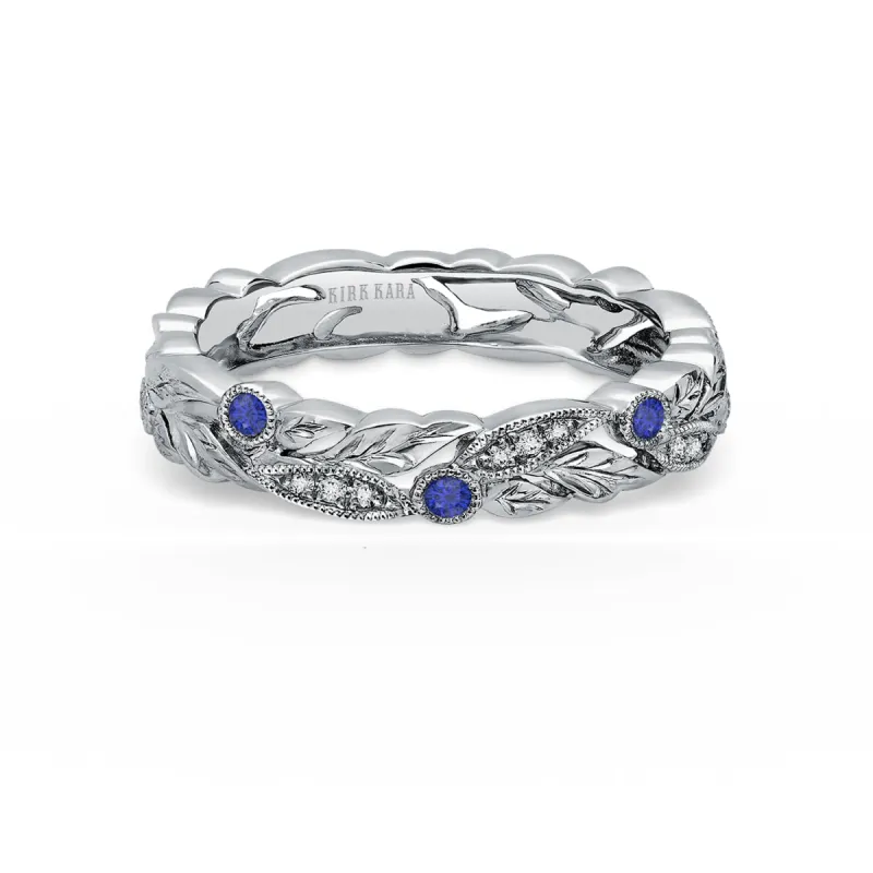Hawaiian Floral Engraved Blue Sapphire Wedding Band sold by Kirk Kara