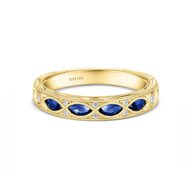 14K Yellow Engraved Sapphire Floral Diamond Wedding Band sold by Kirk Kara
