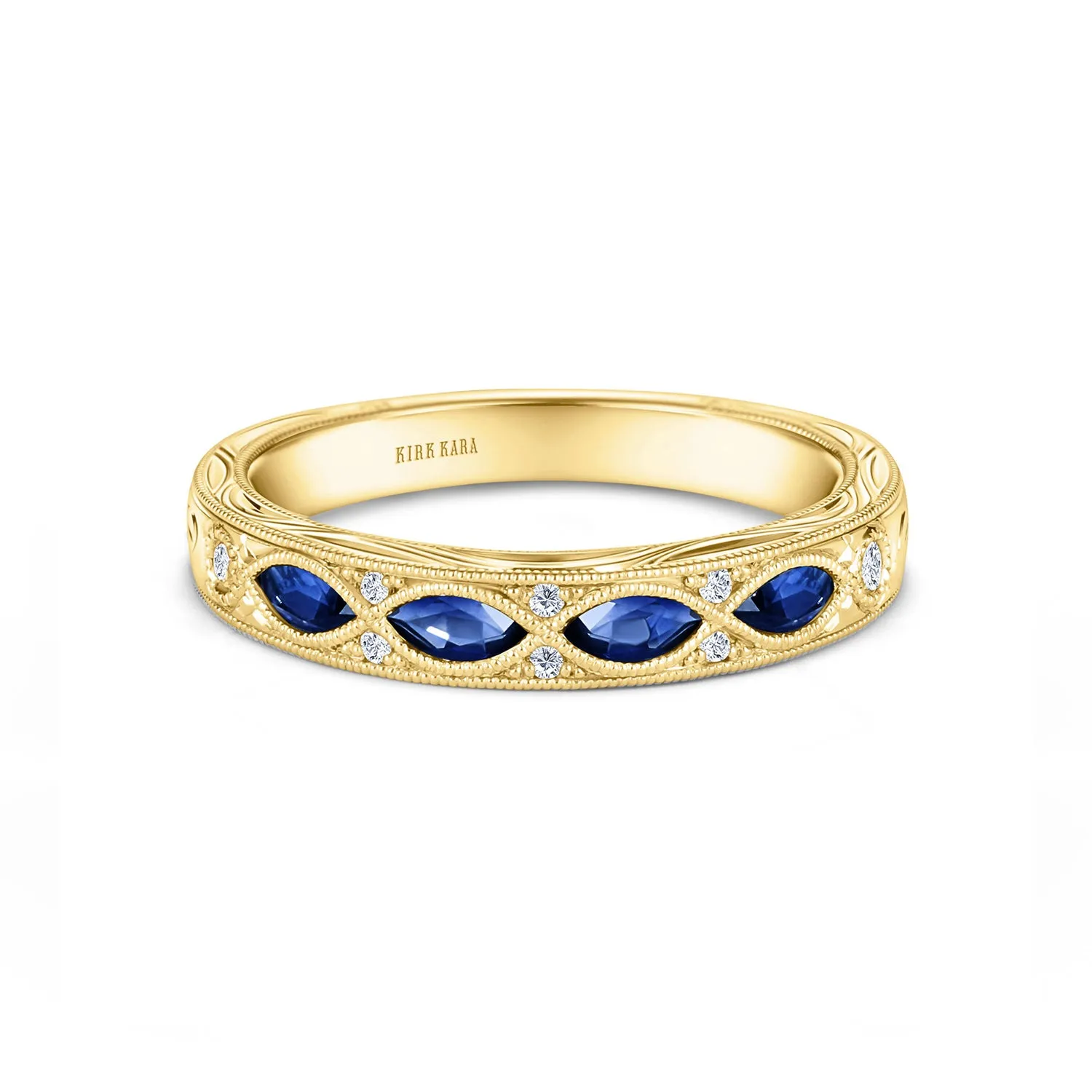 14K Yellow Engraved Sapphire Floral Diamond Wedding Band sold by Kirk Kara