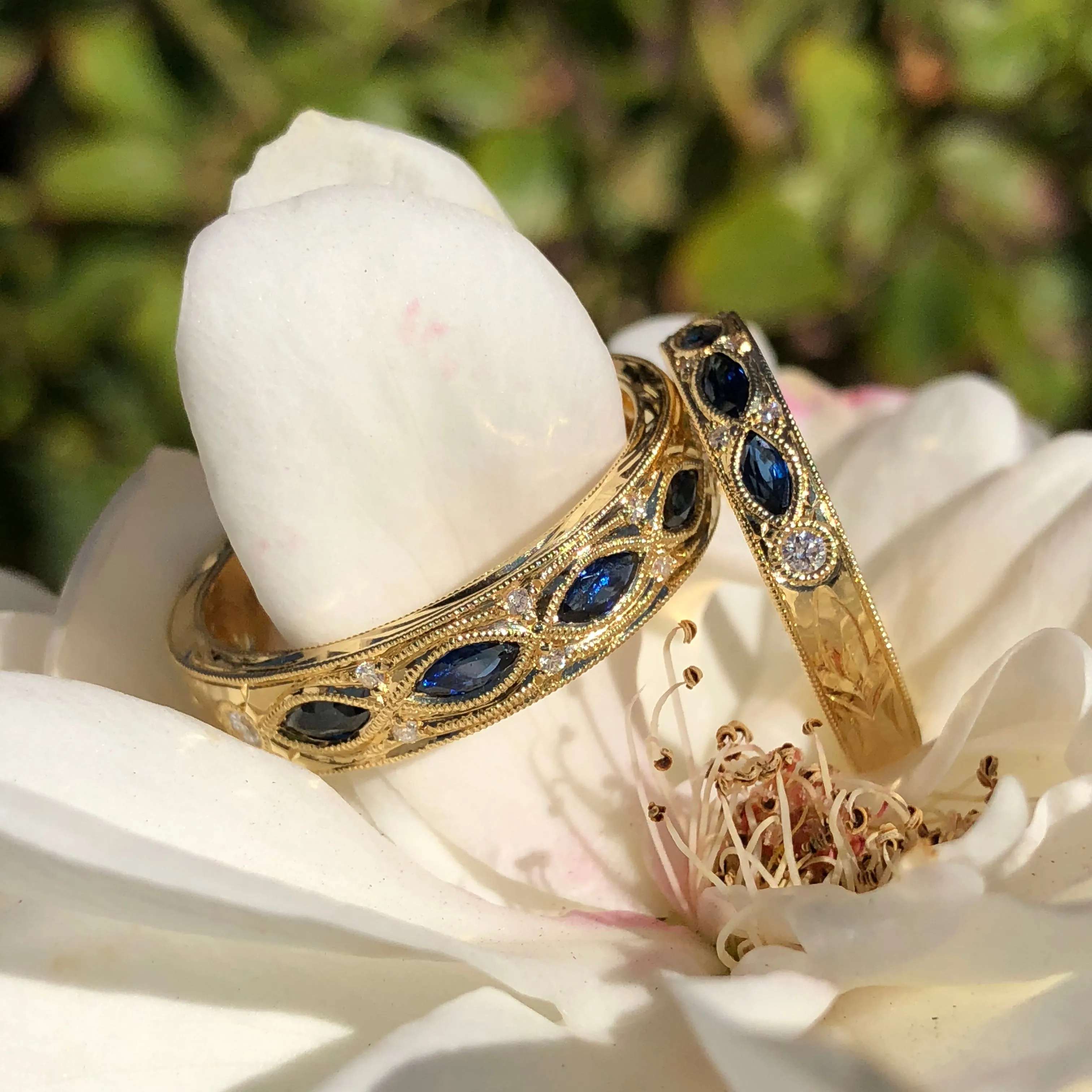 14K Yellow Engraved Sapphire Floral Diamond Wedding Band sold by Kirk Kara product image thumbnail 3