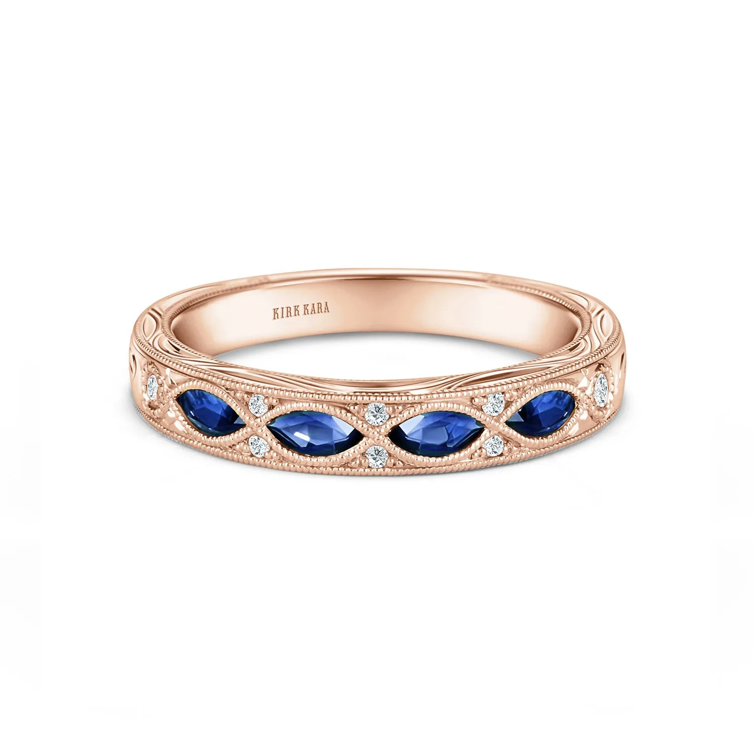 14K Rose Engraved Sapphire Floral Diamond Wedding Band sold by Kirk Kara