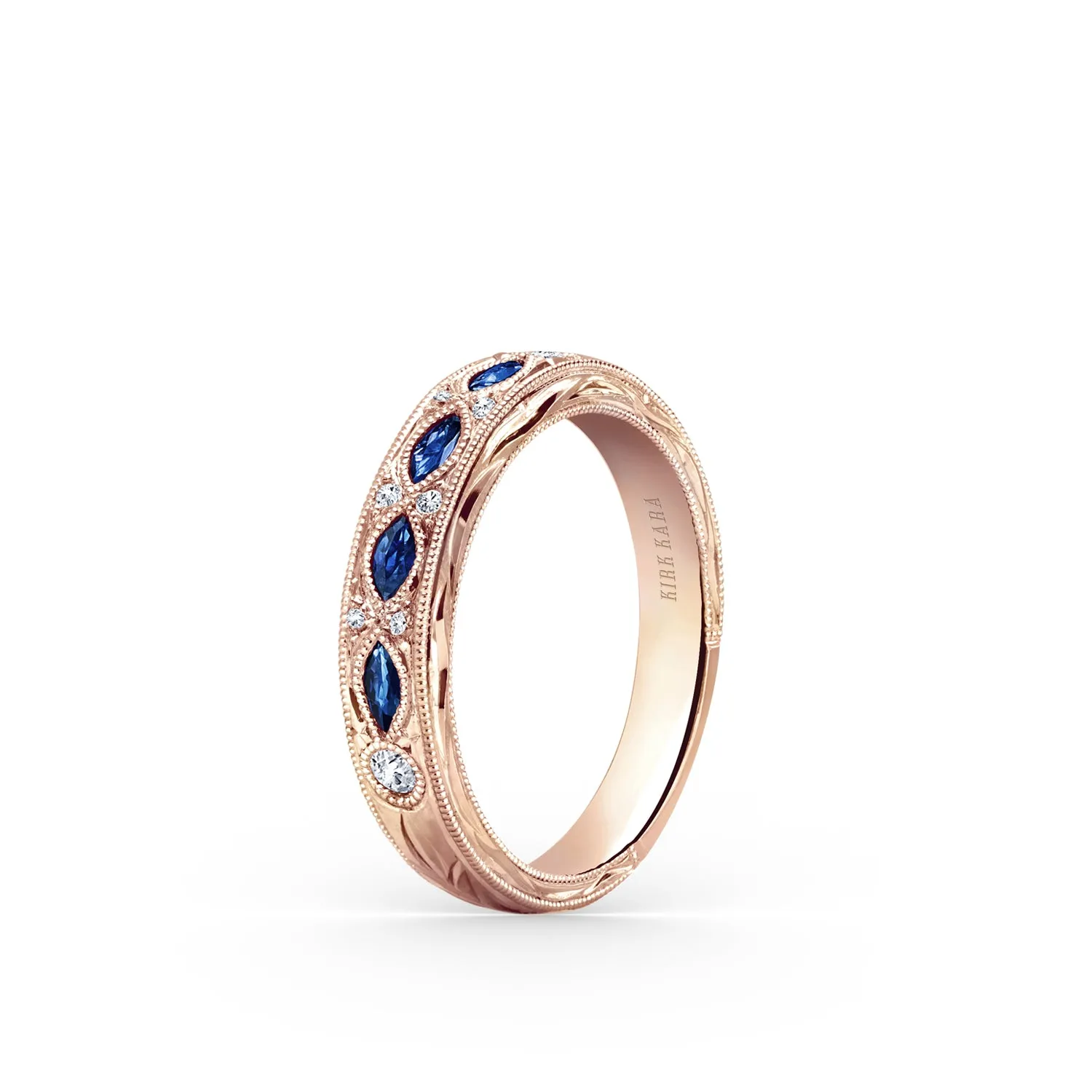 14K Rose Engraved Sapphire Floral Diamond Wedding Band sold by Kirk Kara product image thumbnail 2