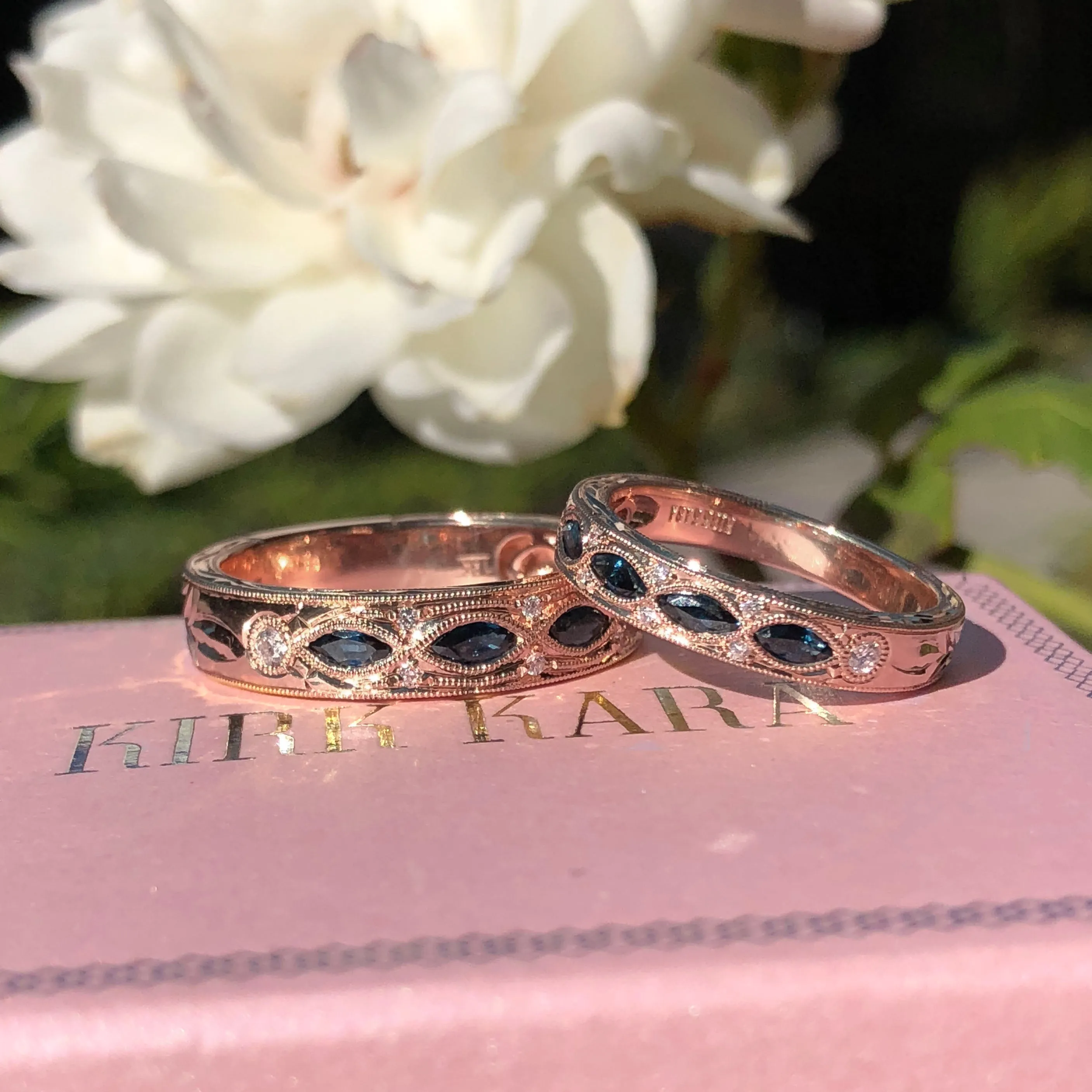 14K Rose Engraved Sapphire Floral Diamond Wedding Band sold by Kirk Kara product image thumbnail 3