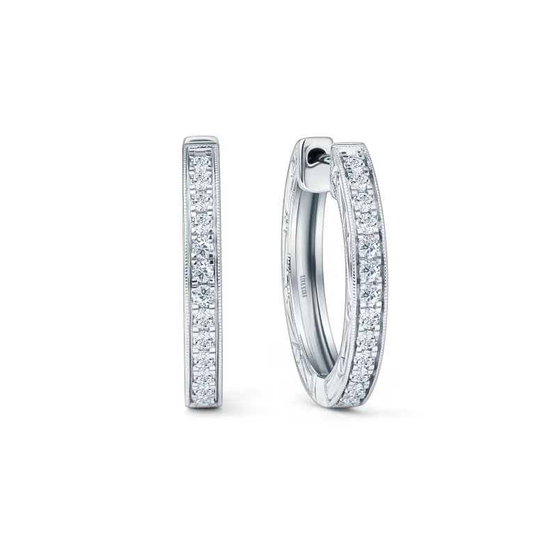 Scroll Engraved Classic Diamond Hoop Earrings sold by Kirk Kara