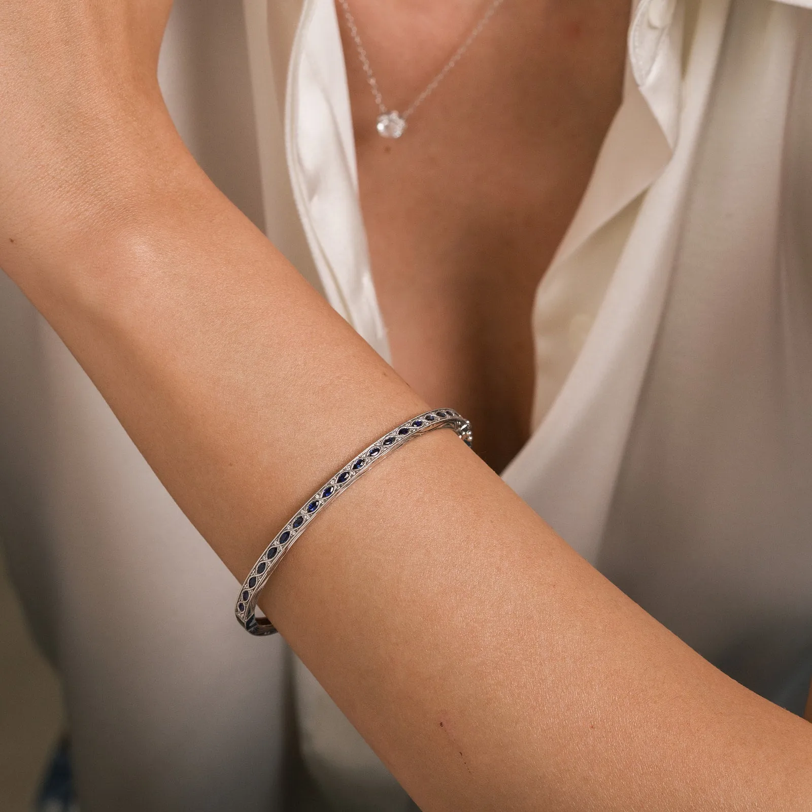 Engraved Sapphire Floral Diamond Bangle Bracelet sold by Kirk Kara product image thumbnail 4