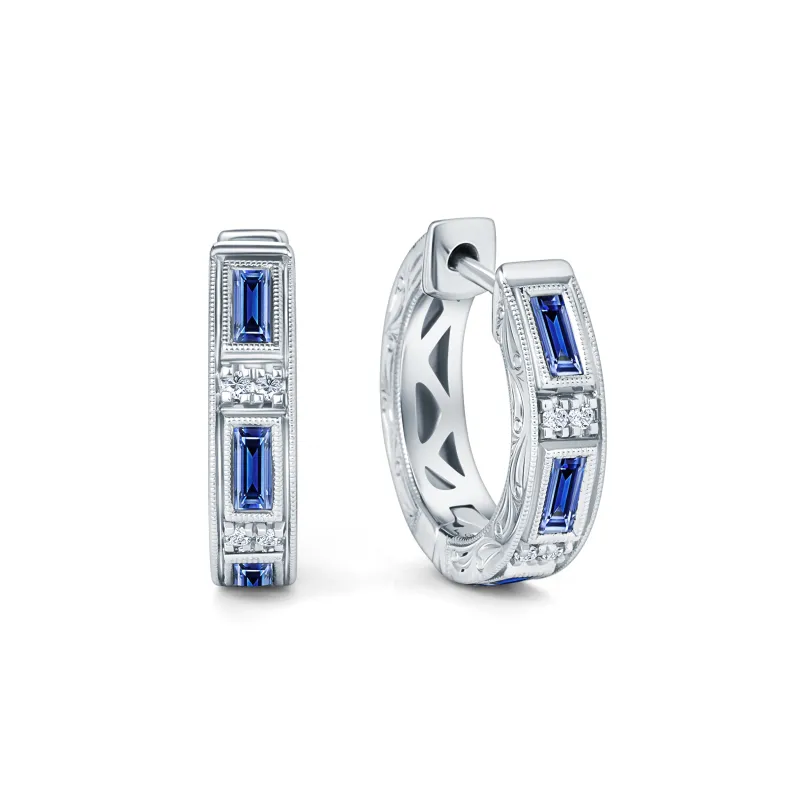 Blue Sapphire Baguette Engraved Diamond Hoop Earrings sold by Kirk Kara