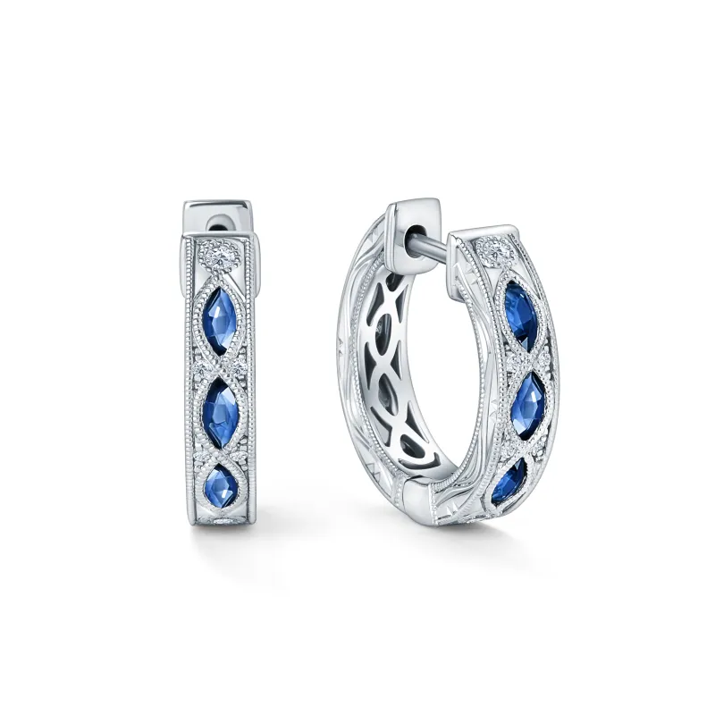 Engraved Blue Sapphire Floral Diamond Hoop Earrings sold by Kirk Kara