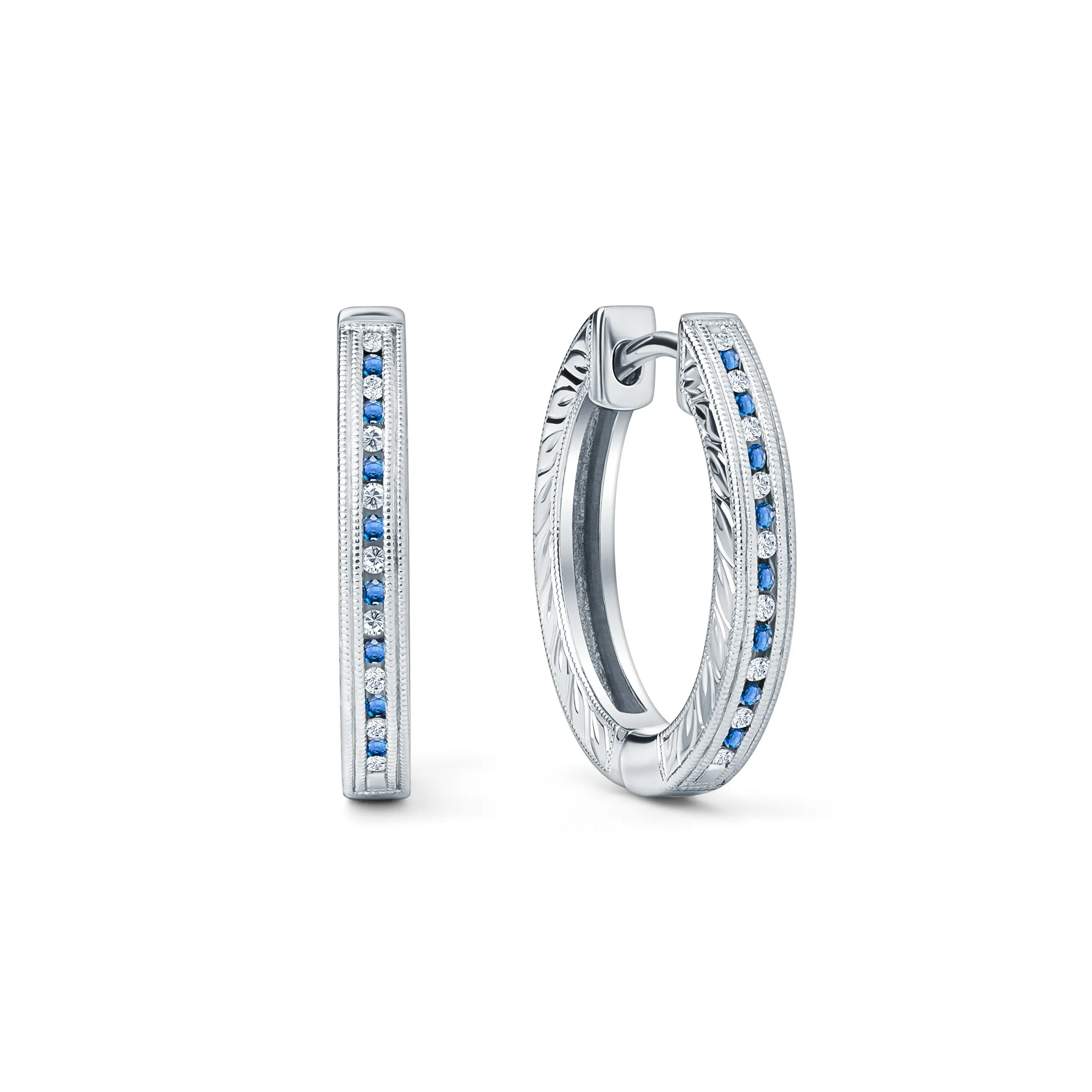 Classic Channel Sapphire Diamond Hoop Earrings sold by Kirk Kara