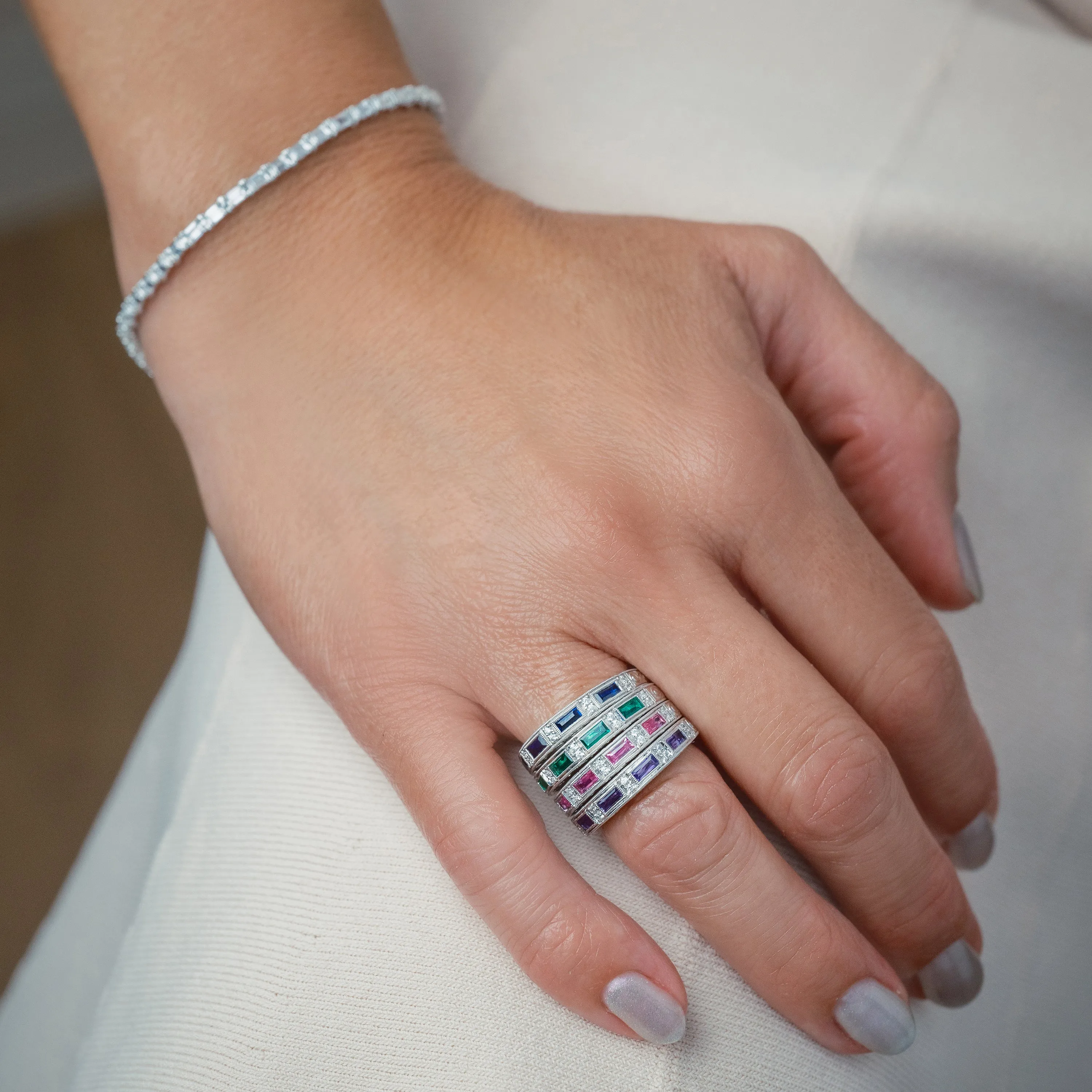 Tsavorite Baguette Engraved Diamond Wedding Band sold by Kirk Kara product image thumbnail 2