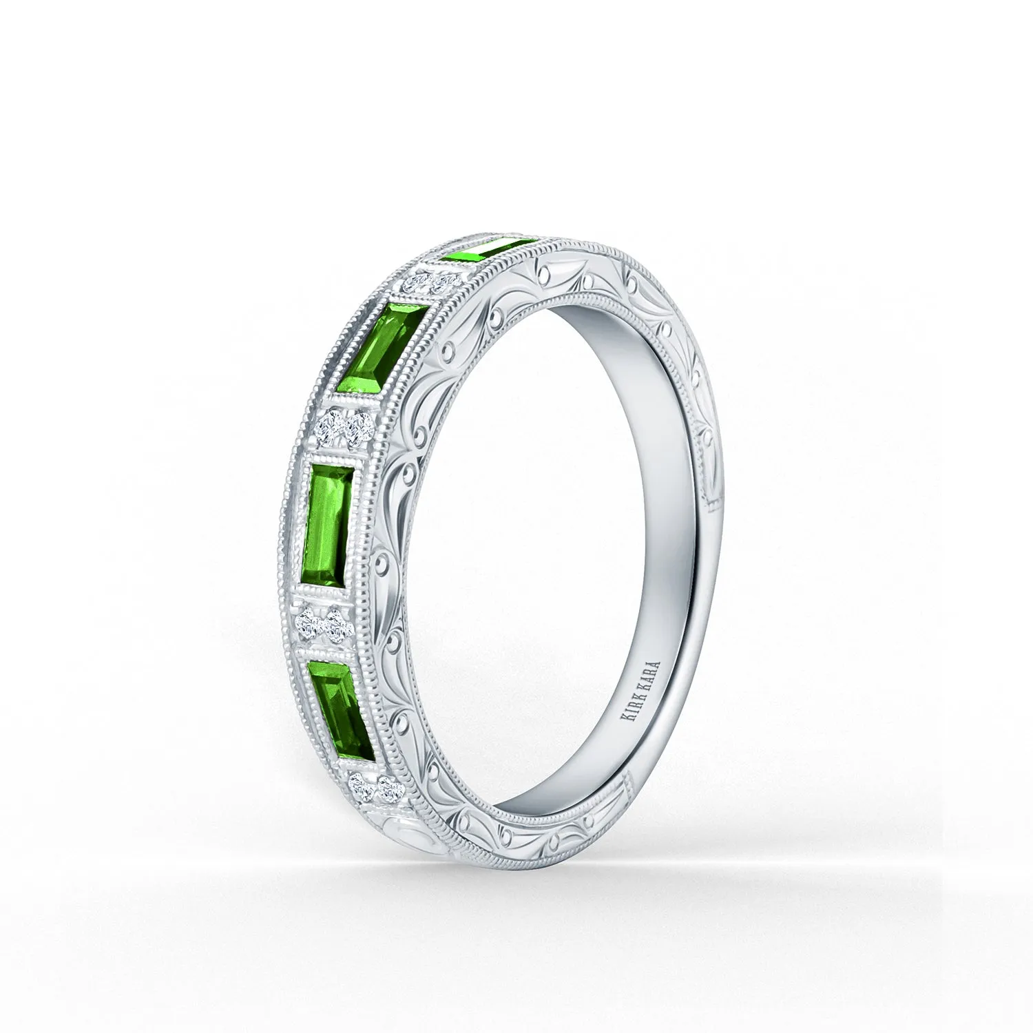 Tsavorite Baguette Engraved Diamond Wedding Band sold by Kirk Kara product image thumbnail 3