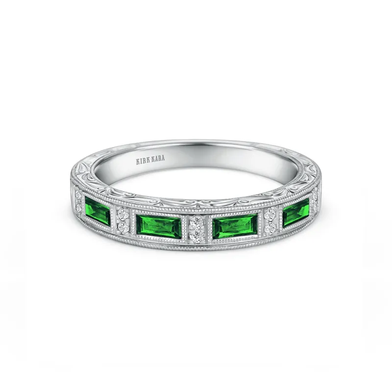 Tsavorite Baguette Engraved Diamond Wedding Band sold by Kirk Kara