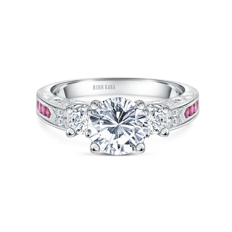 Engraved Deco Pink Sapphire Diamond Three Stone Engagement Ring sold by Kirk Kara