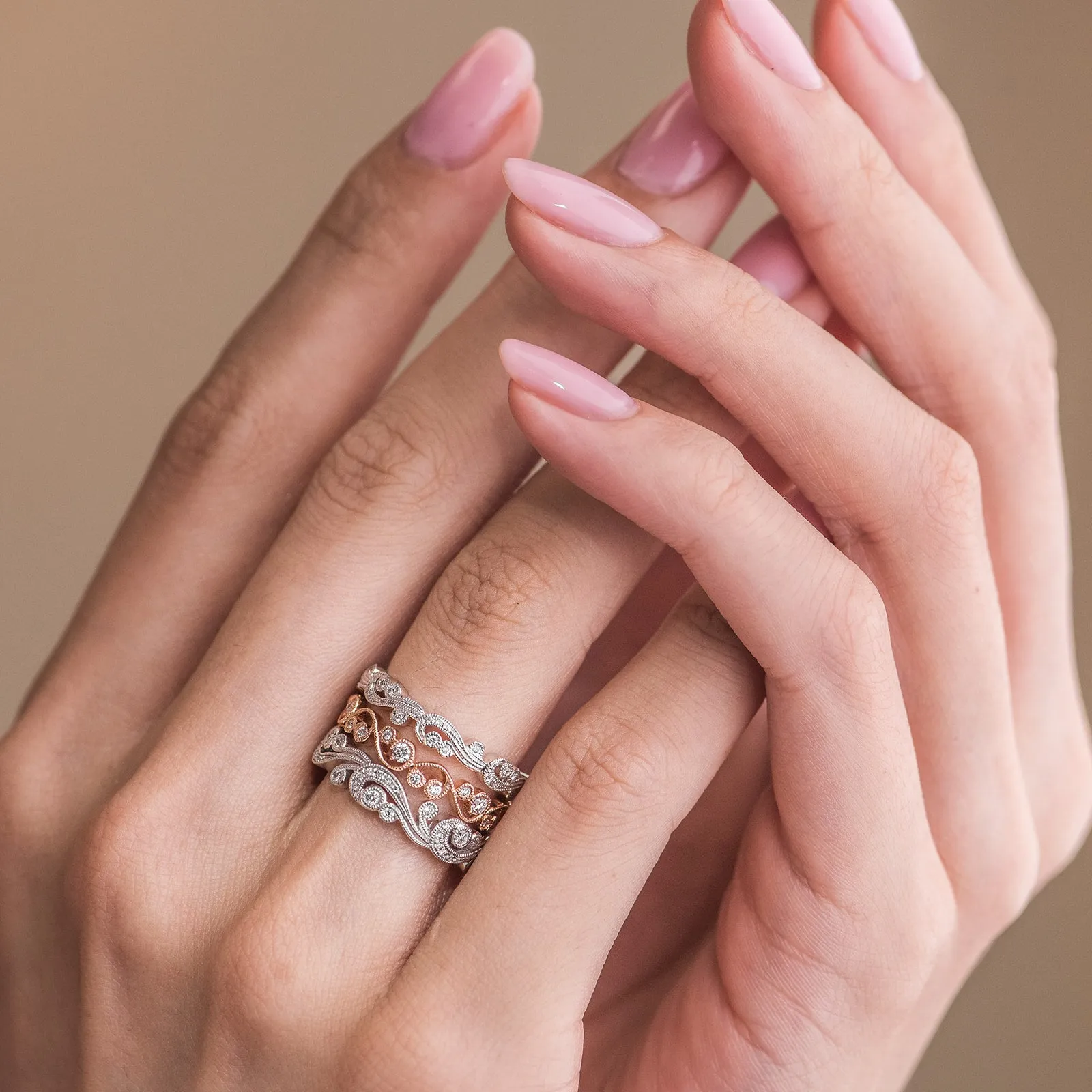 Rose Stackable Milgrain Lace Diamond Wedding Band sold by Kirk Kara product image thumbnail 2