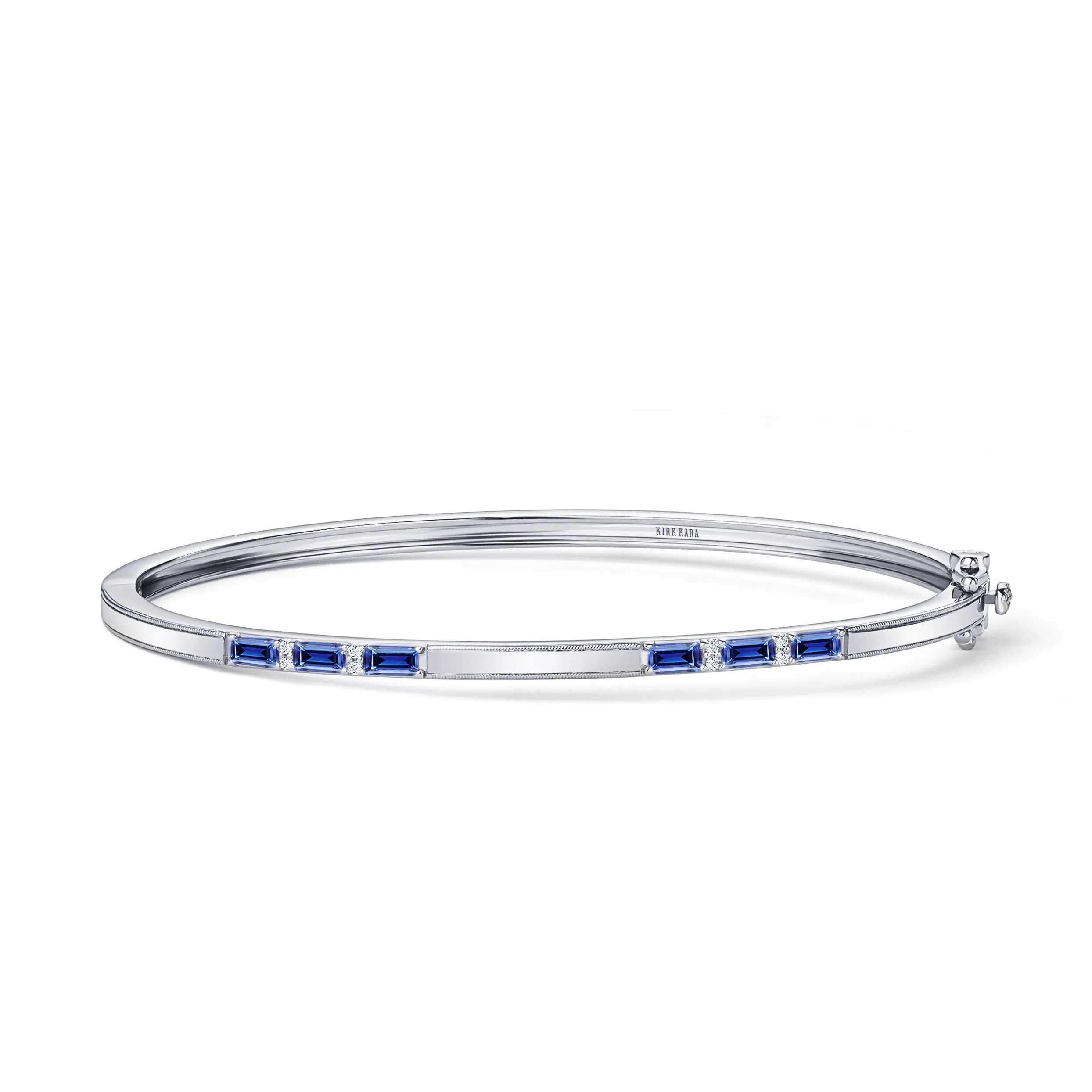 Blue Sapphire Baguette Diamond Milgrain Bangle Bracelet sold by Kirk Kara