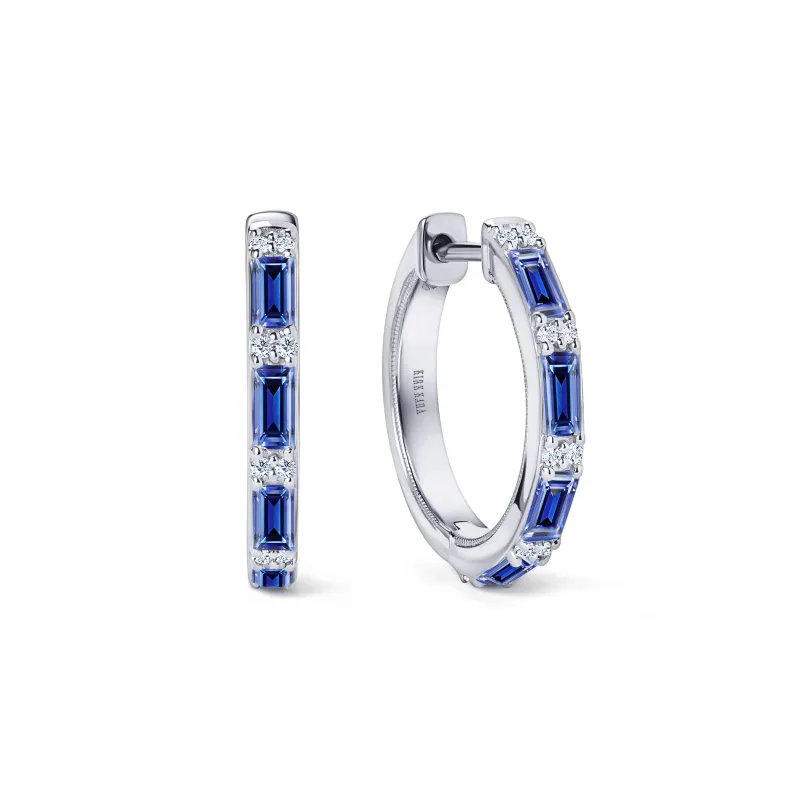 Blue Sapphire Baguette Diamond Milgrain Hoop Earrings sold by Kirk Kara