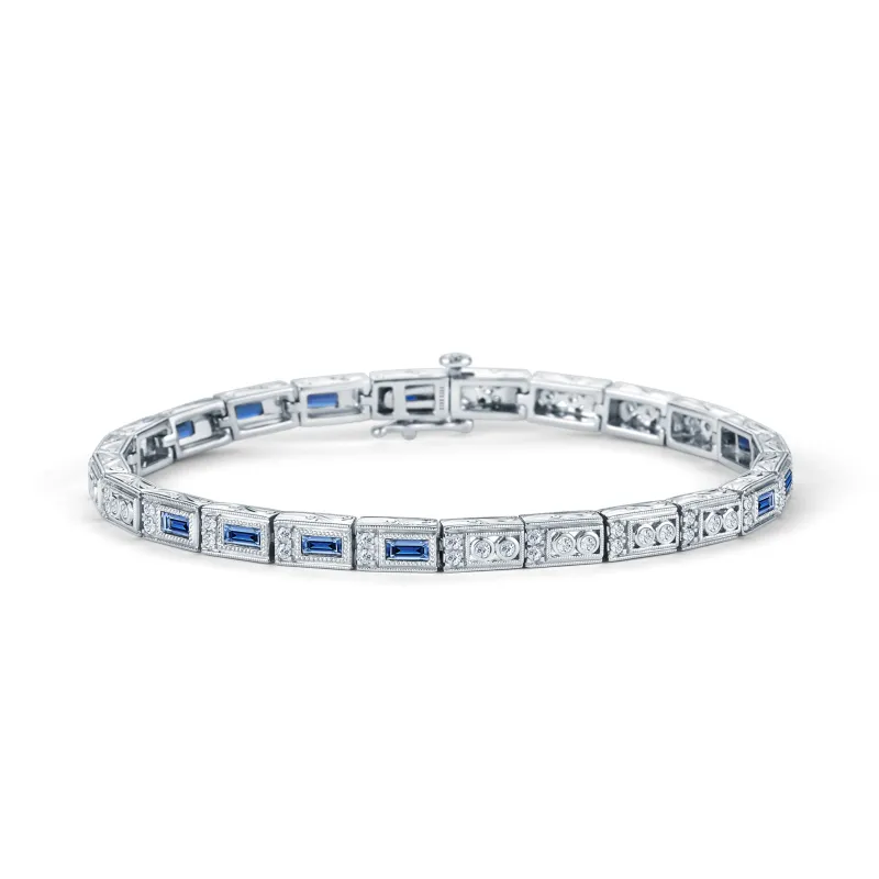 Blue Sapphire Baguette Engraved Diamond Bracelet sold by Kirk Kara
