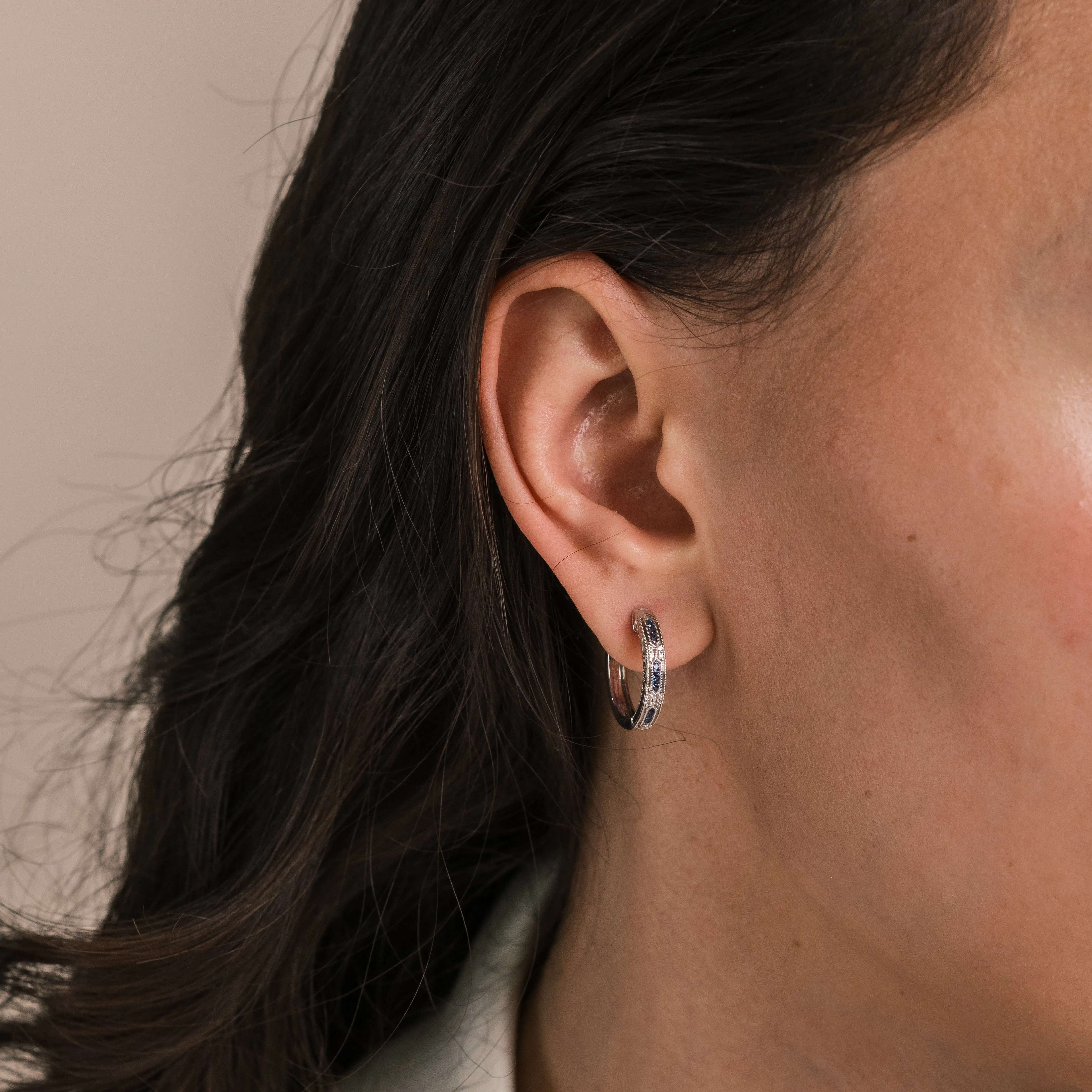 Blue Sapphire Channel Set Artful Hoop Earrings sold by Kirk Kara product image thumbnail 4