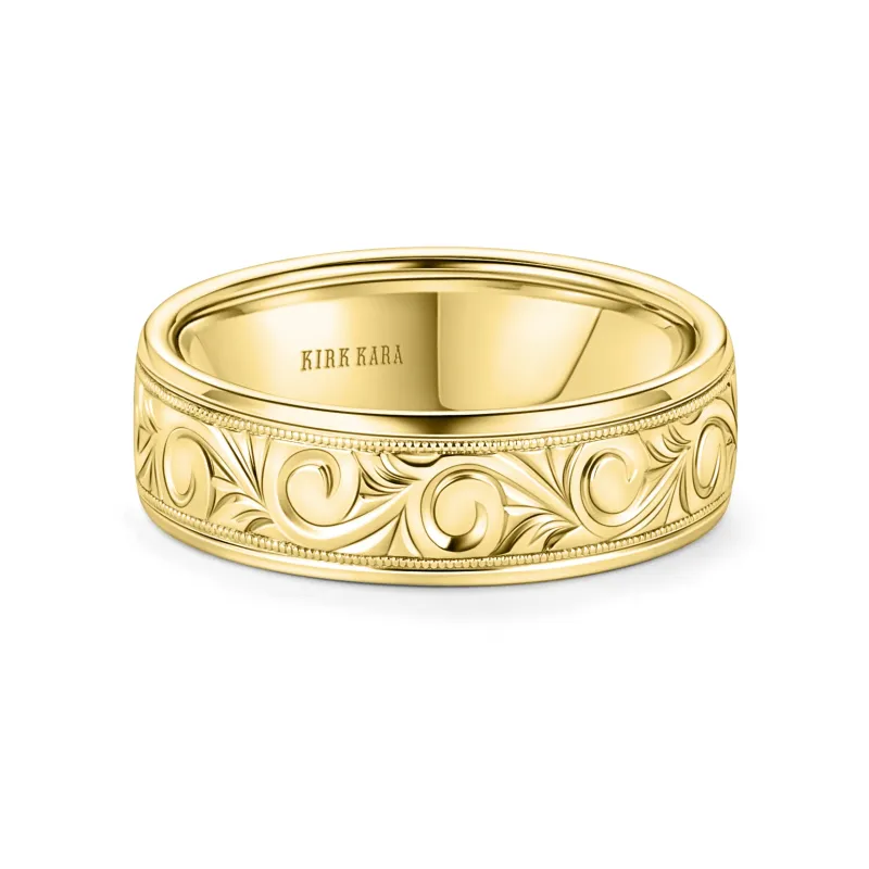 Yellow Scroll Engraved Milgrain Wedding Band, 7mm sold by Kirk Kara