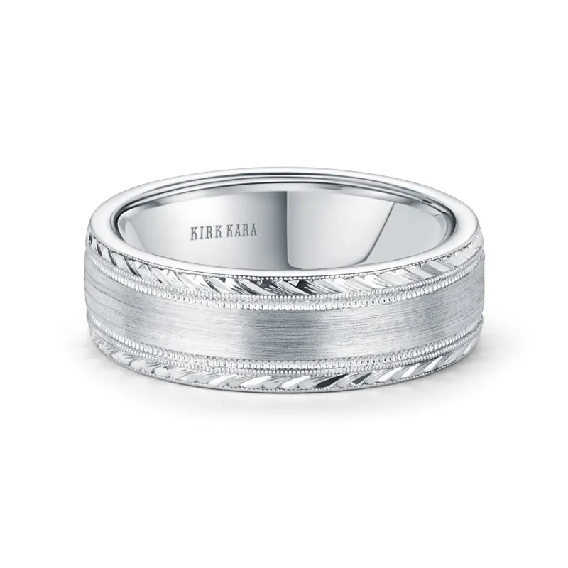 White Engraved Edge Satin Finish Wedding Band, 7mm sold by Kirk Kara