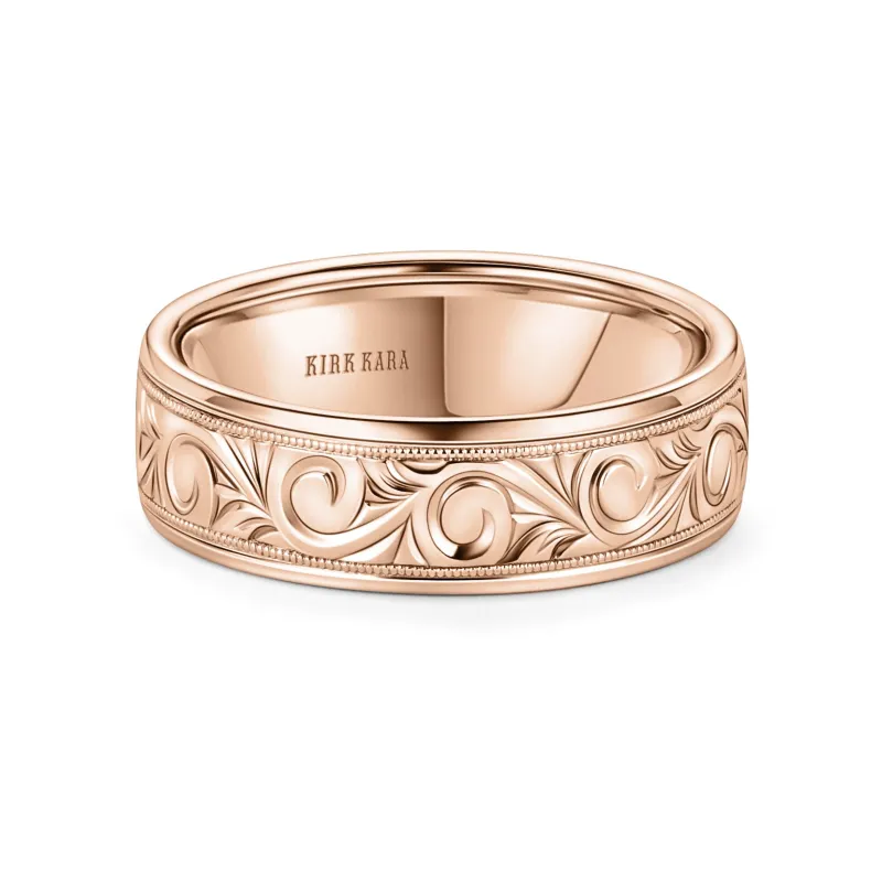 Rose Scroll Engraved Milgrain Wedding Band, 7mm sold by Kirk Kara