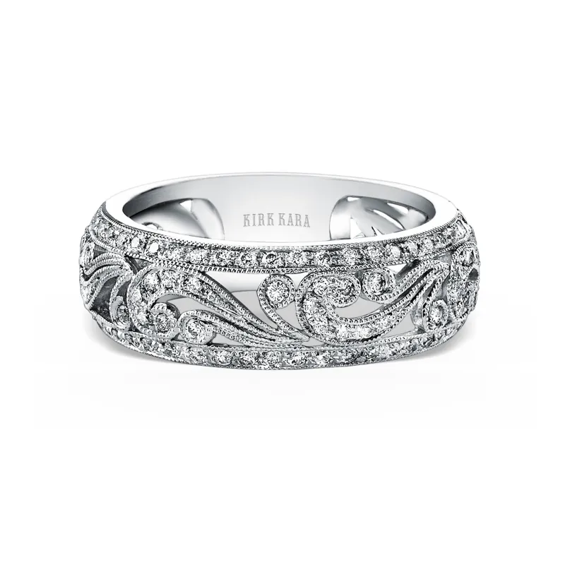 White Swirl Milgrain Wide Domed Diamond Wedding Band sold by Kirk Kara