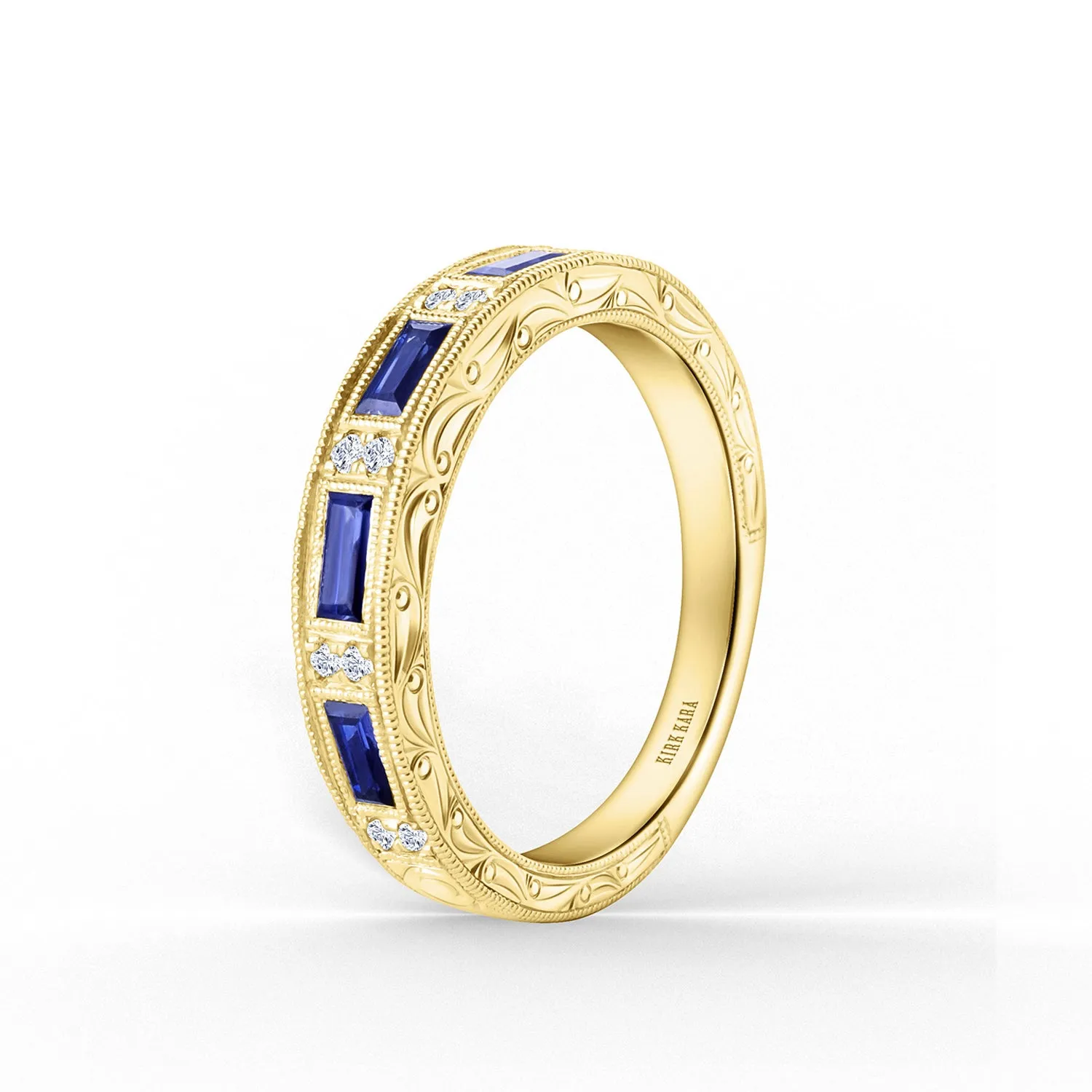 Yellow Blue Sapphire Baguette Engraved Diamond Wedding Band sold by Kirk Kara product image thumbnail 4