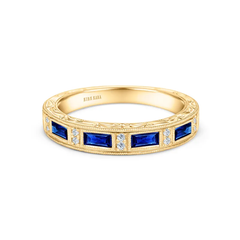 Yellow Blue Sapphire Baguette Engraved Diamond Wedding Band sold by Kirk Kara