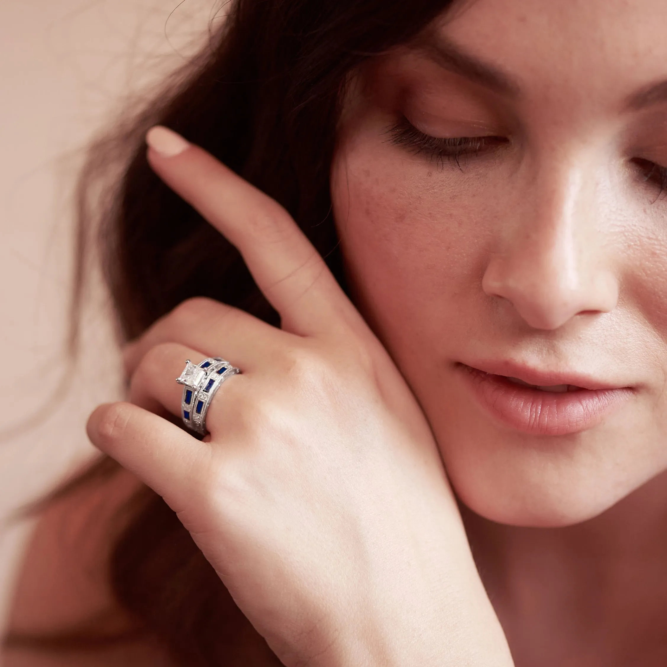 Yellow Blue Sapphire Baguette Engraved Diamond Wedding Band sold by Kirk Kara product image thumbnail 3