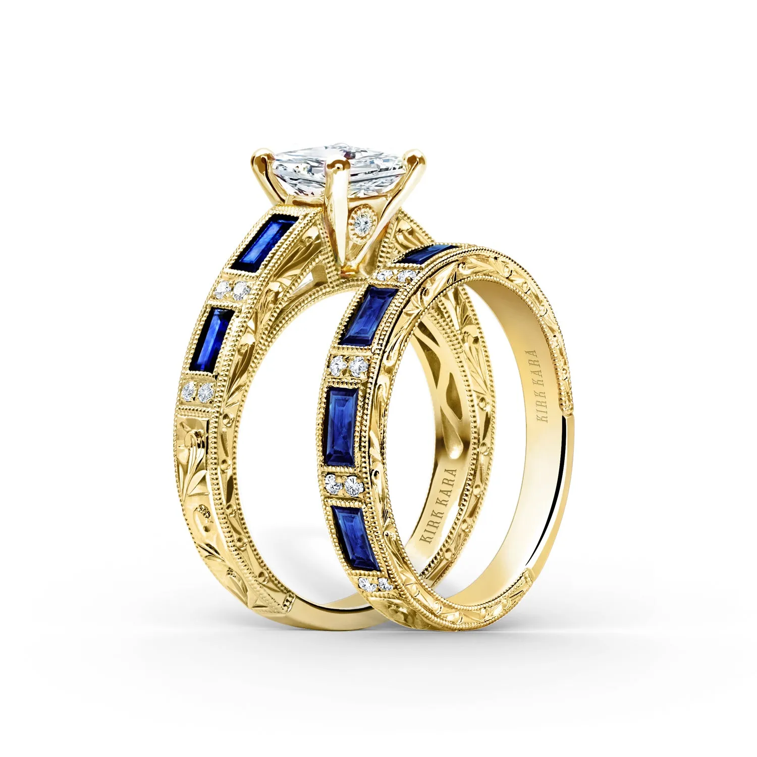 Yellow Blue Sapphire Baguette Engraved Diamond Wedding Band sold by Kirk Kara product image thumbnail 5