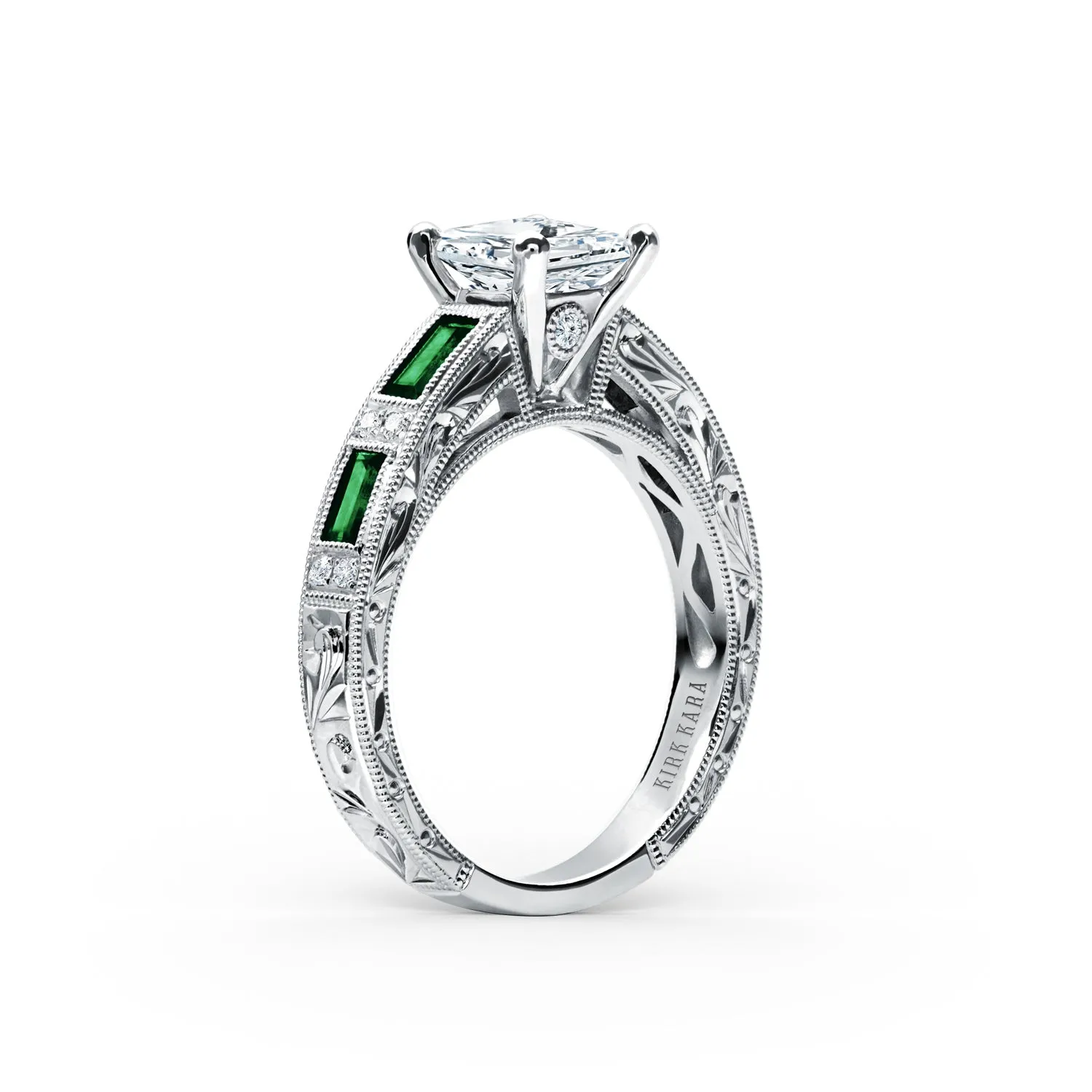 Tsavorite Engraved Cathedral Ring with 1ct Princess Certified Lab Diamond Center sold by Kirk Kara product image thumbnail 2