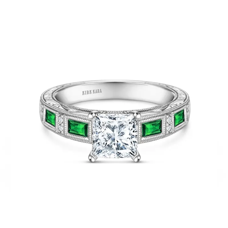 Tsavorite Engraved Cathedral Ring with 1ct Princess Certified Lab Diamond Center sold by Kirk Kara