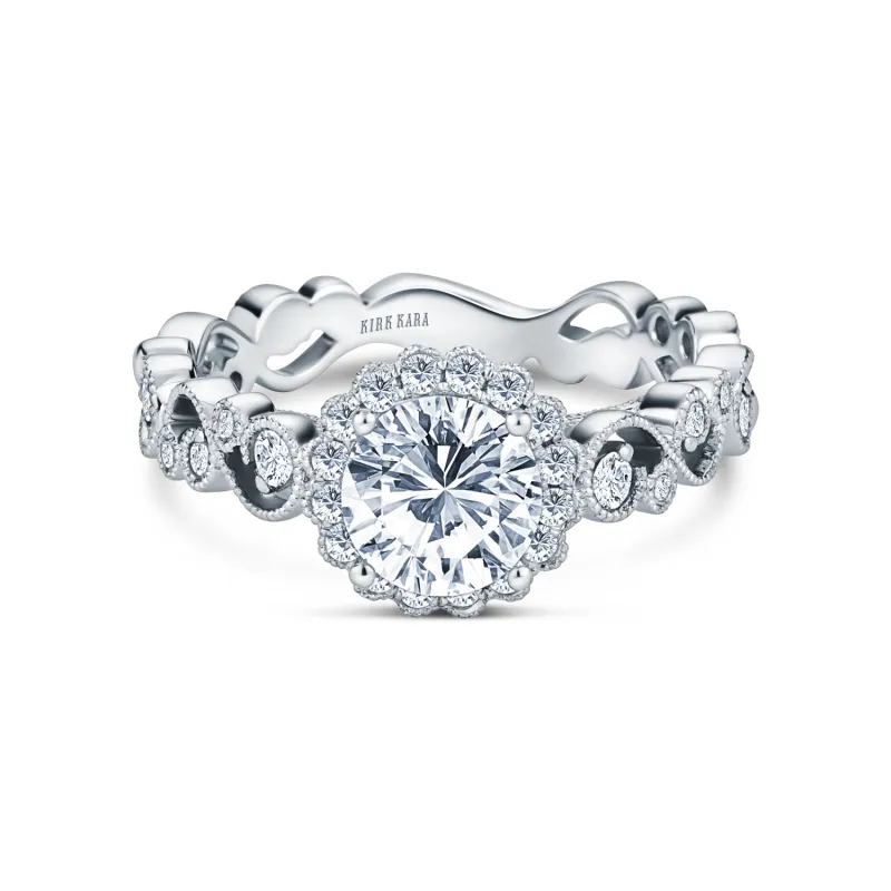 Lace Milgrain Scalloped Halo Ring with 1ct Round Certified Lab Diamond Center sold by Kirk Kara