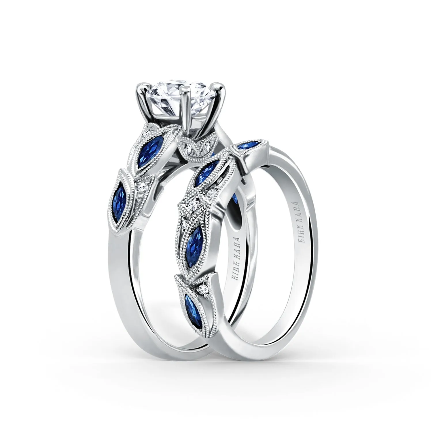 White Botanical Floral Blue Sapphire Marquise Diamond Wedding Band sold by Kirk Kara product image thumbnail 4