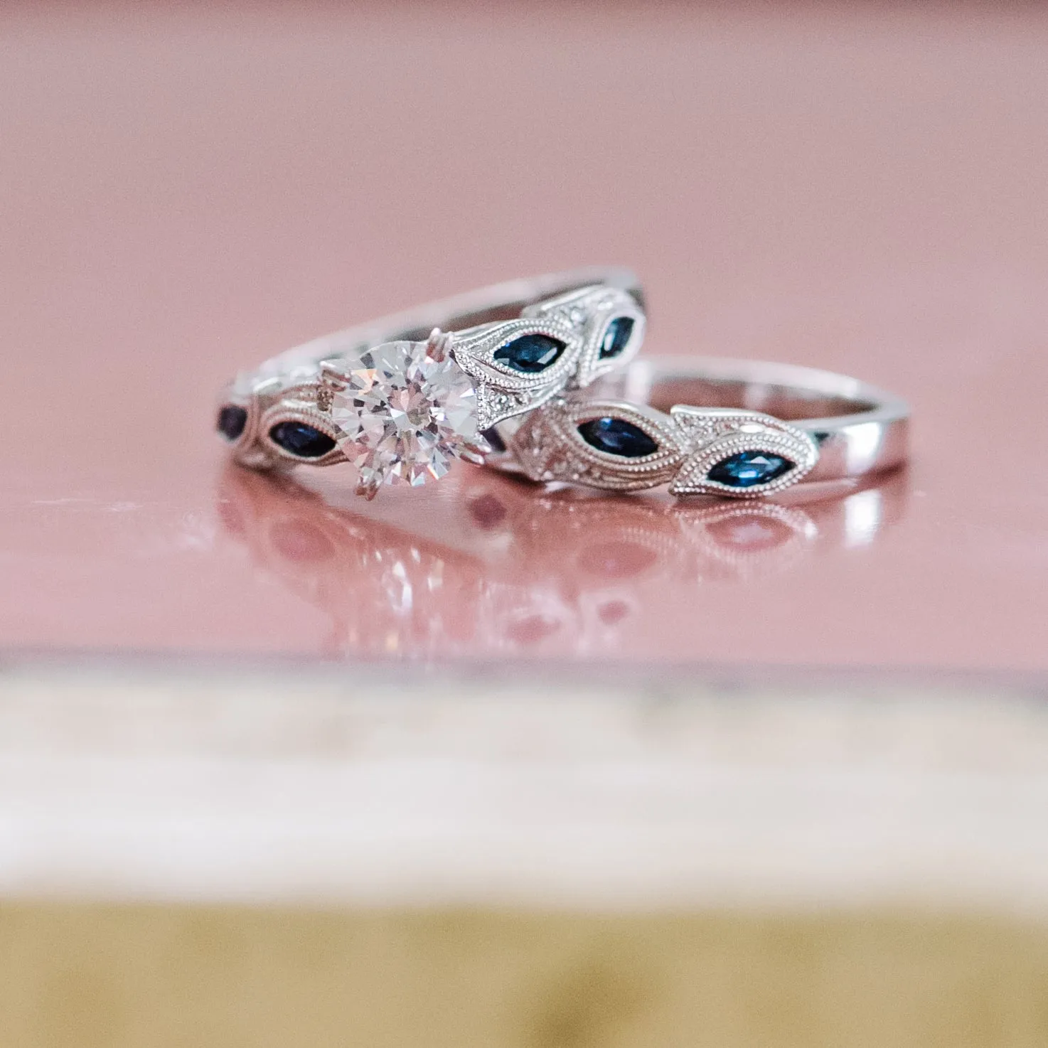 White Botanical Floral Blue Sapphire Marquise Diamond Wedding Band sold by Kirk Kara product image thumbnail 2