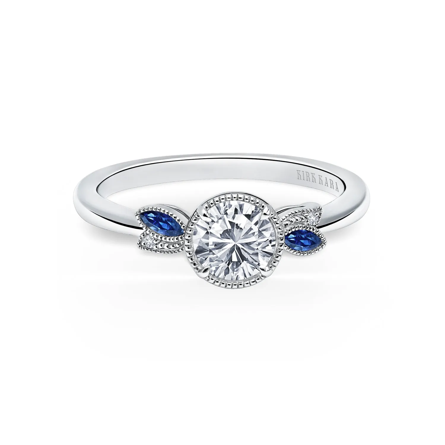 Floral Boho Blue Sapphire Ring with 3/4ct Round Certified Lab Diamond Center sold by Kirk Kara