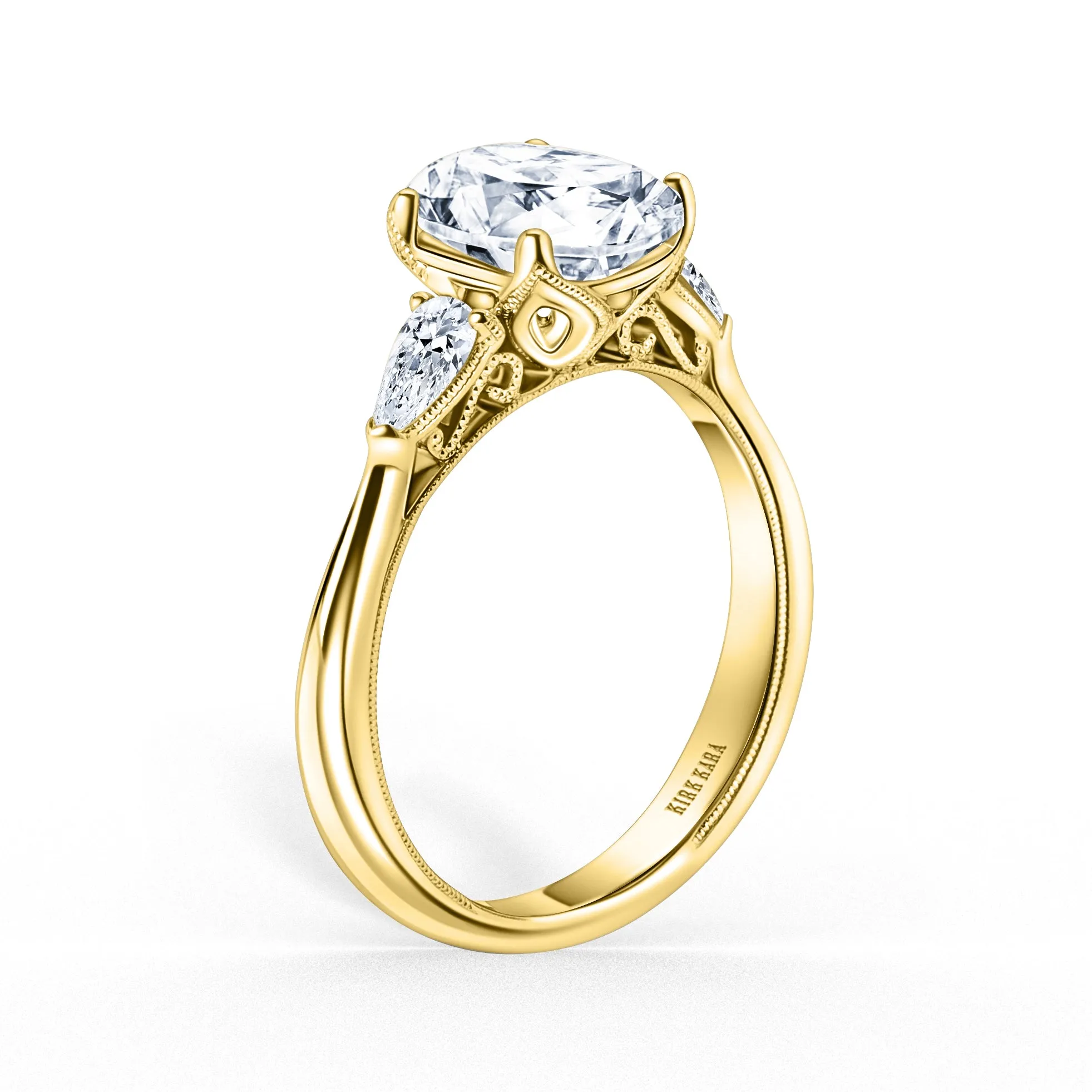 Wide Three Stone Pear Ring with 2ct Oval Certified Lab Diamond Center sold by Kirk Kara product image thumbnail 3