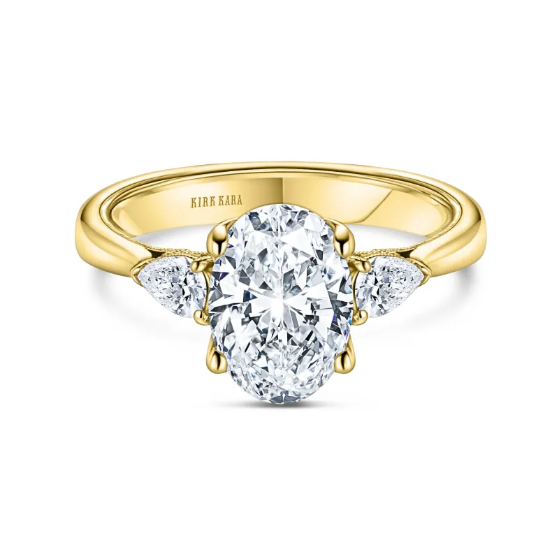 Wide Three Stone Pear Ring with 2ct Oval Certified Lab Diamond Center sold by Kirk Kara