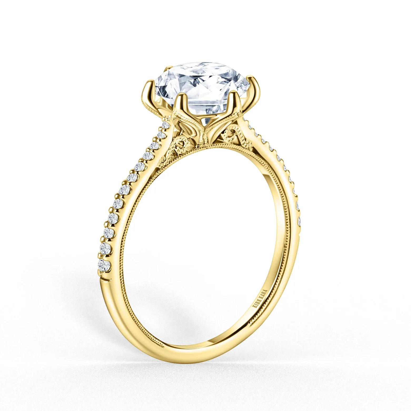 Yellow Classic Filigree Ring with 2ct Round Certified Lab Diamond Center sold by Kirk Kara product image thumbnail 2