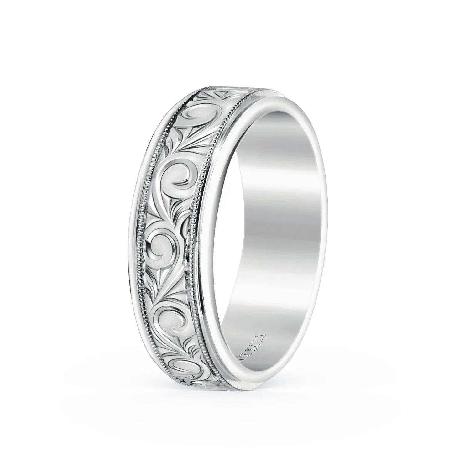 White Scroll Engraved Milgrain Wedding Band, 7mm sold by Kirk Kara product image thumbnail 4