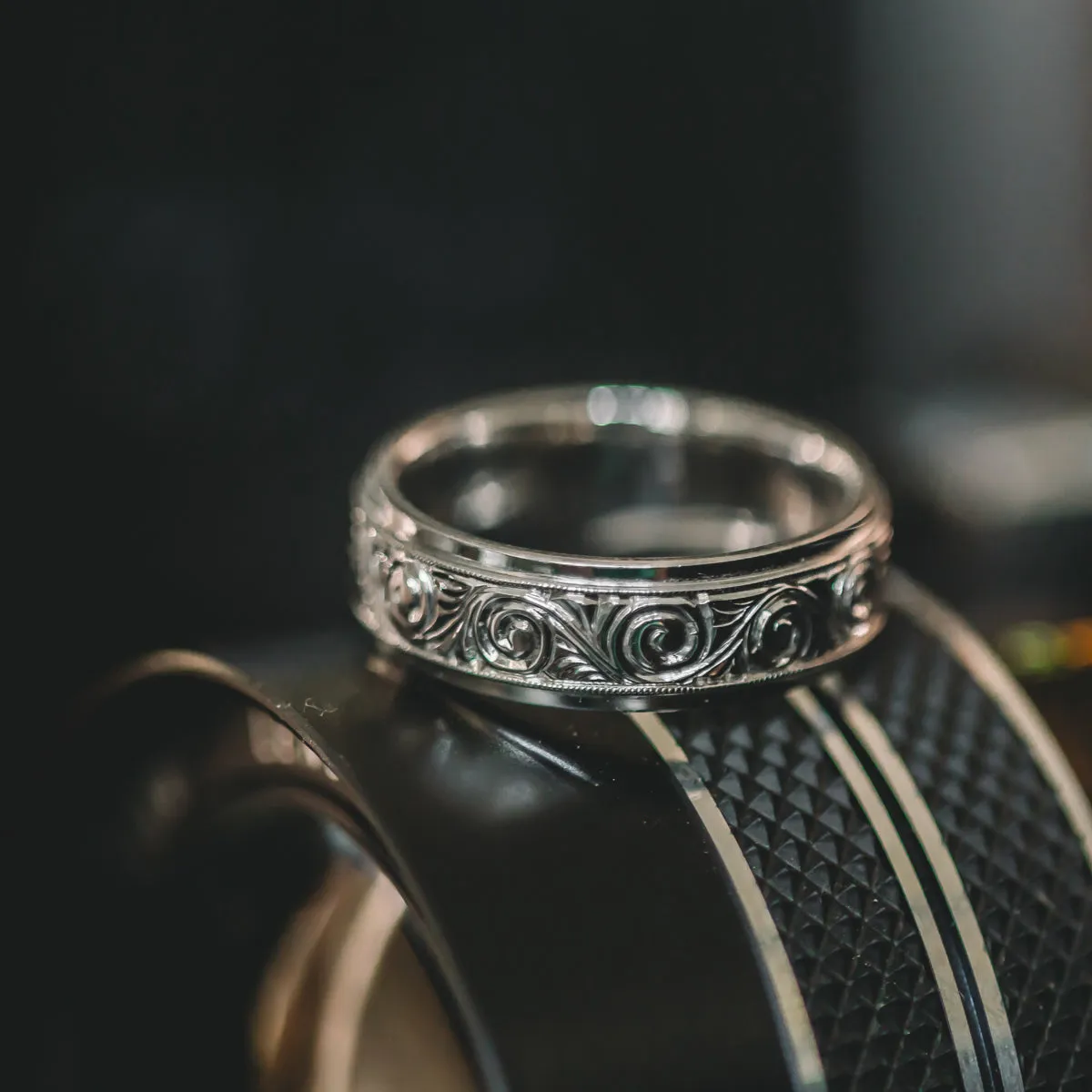 White Scroll Engraved Milgrain Wedding Band, 7mm sold by Kirk Kara product image thumbnail 2