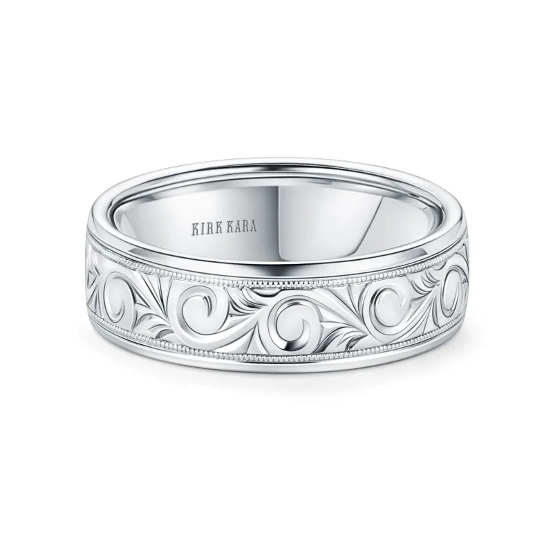 White Scroll Engraved Milgrain Wedding Band, 7mm sold by Kirk Kara
