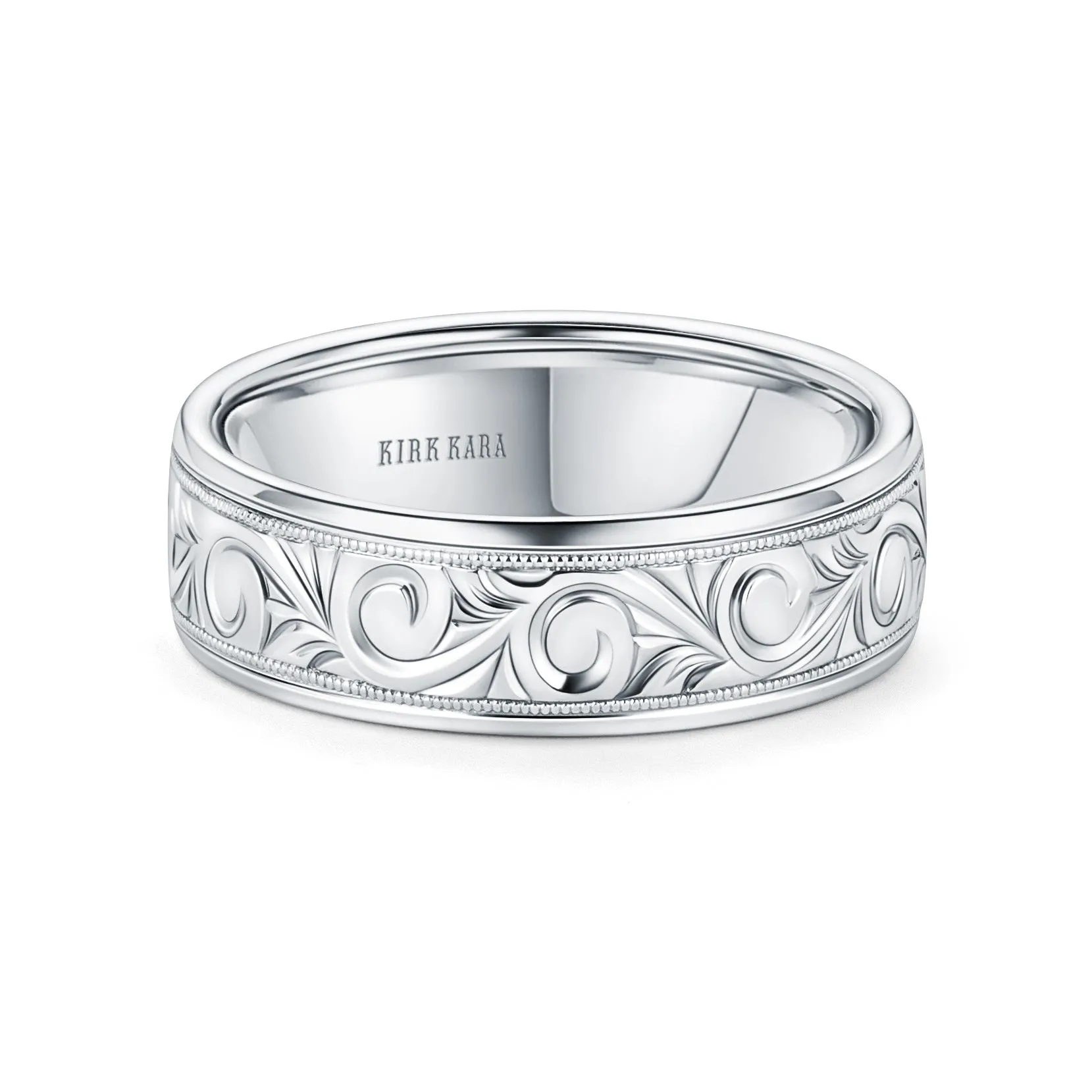 White Scroll Engraved Milgrain Wedding Band, 7mm sold by Kirk Kara