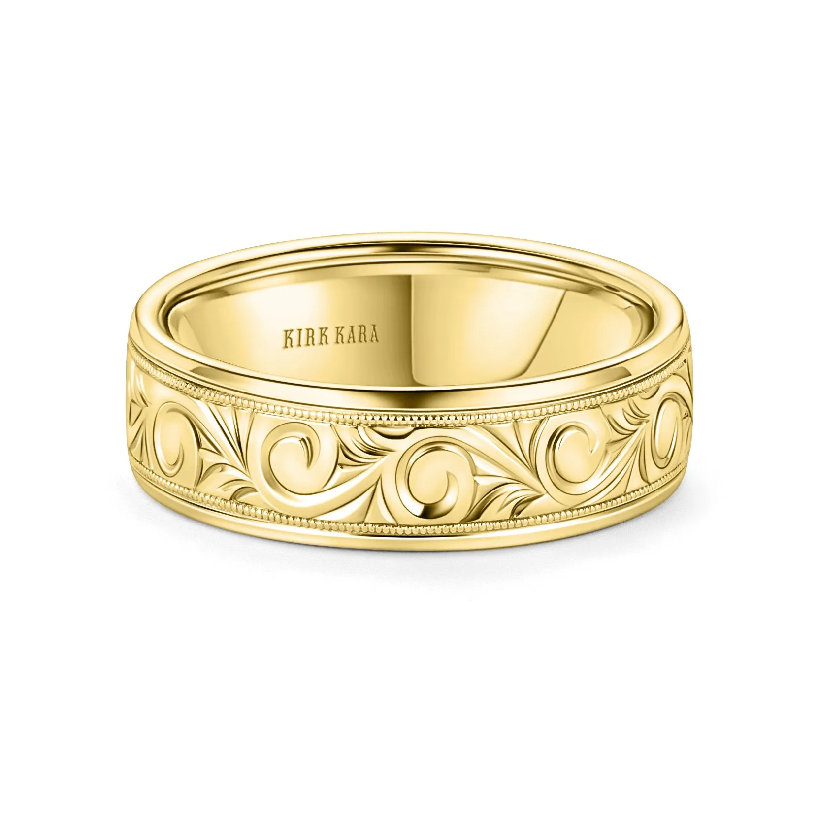 Yellow Scroll Engraved Milgrain Wedding Band, 7mm sold by Kirk Kara