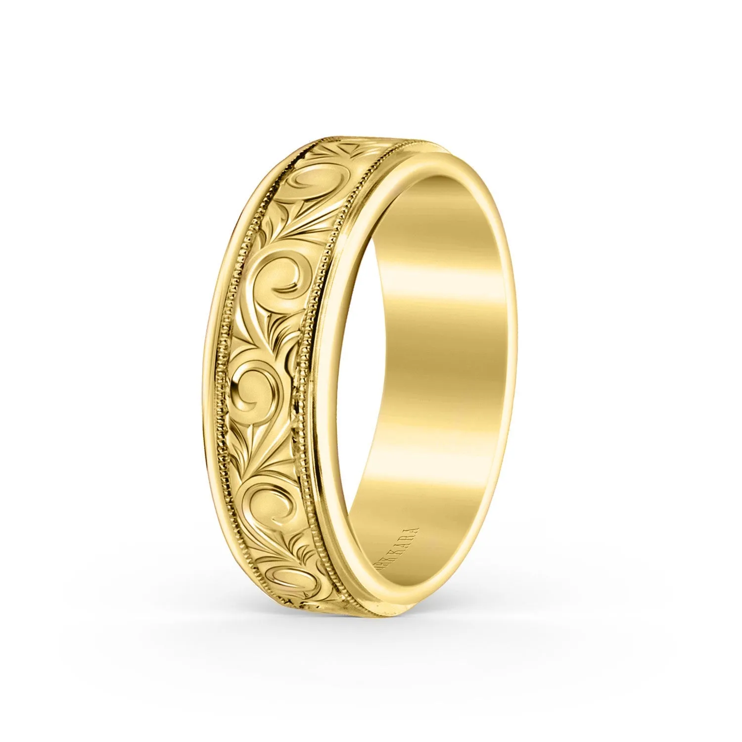 Yellow Scroll Engraved Milgrain Wedding Band, 7mm sold by Kirk Kara product image thumbnail 4