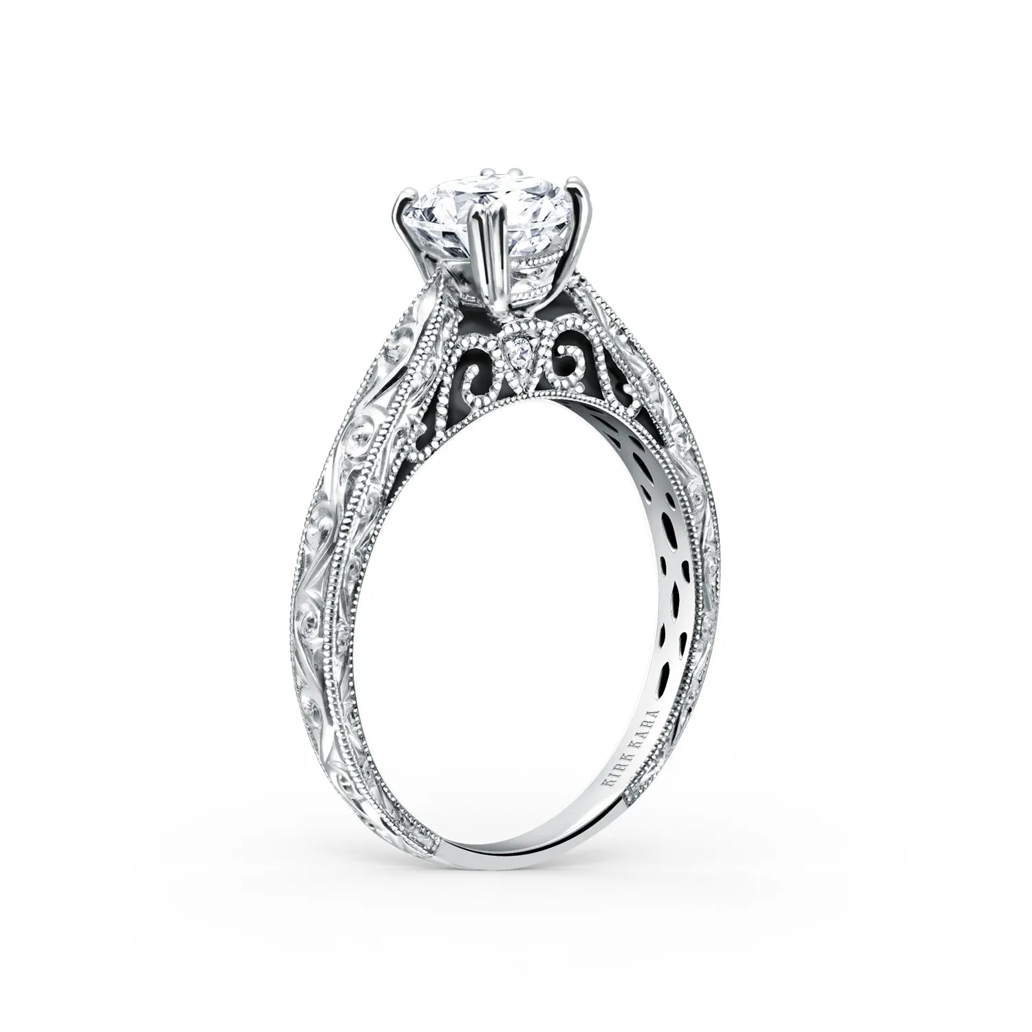 Hand Engraved Vintage Inspired Ring with 1ct Round Certified Lab Diamond Center sold by Kirk Kara product image thumbnail 3