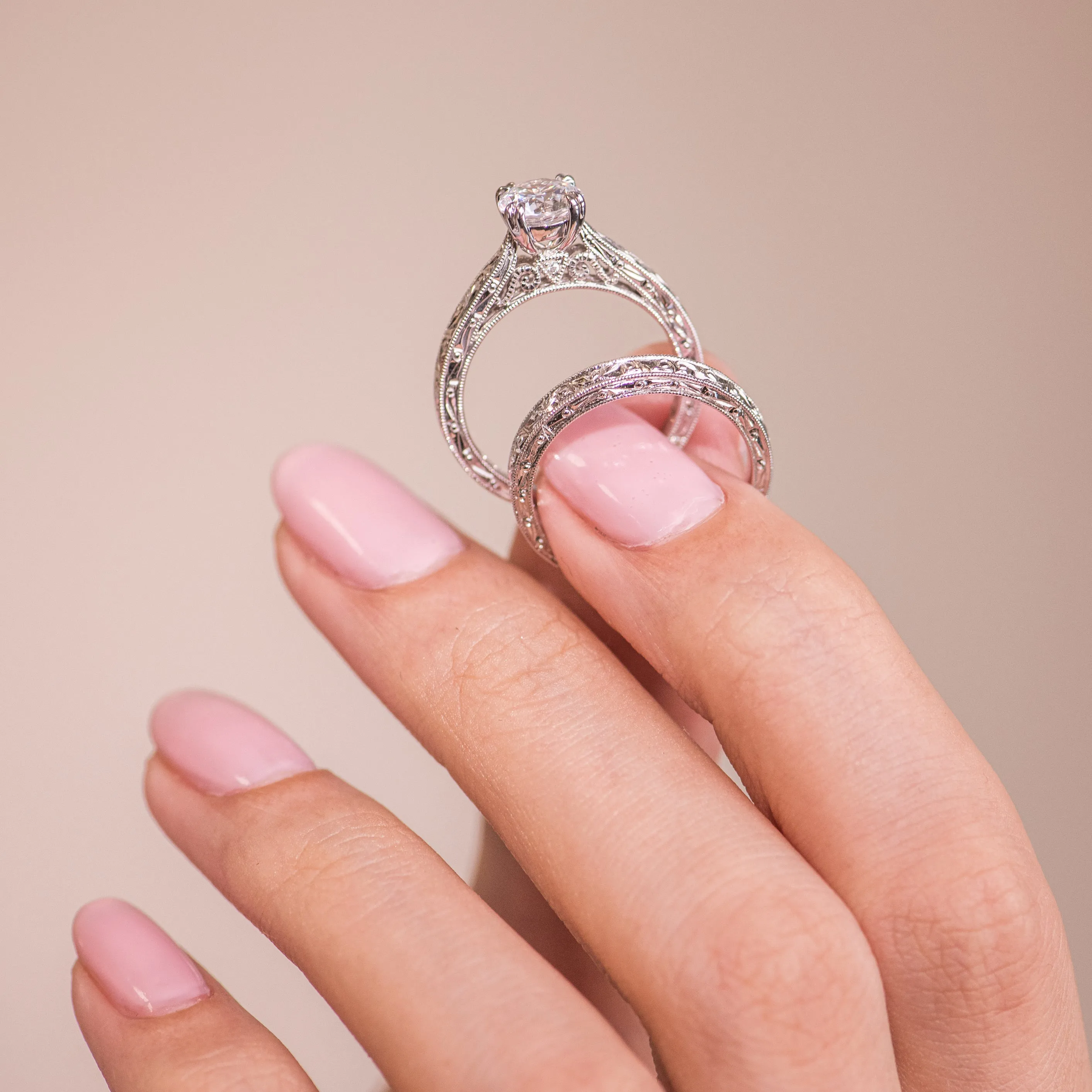 Hand Engraved Vintage Inspired Ring with 1ct Round Certified Lab Diamond Center sold by Kirk Kara product image thumbnail 2