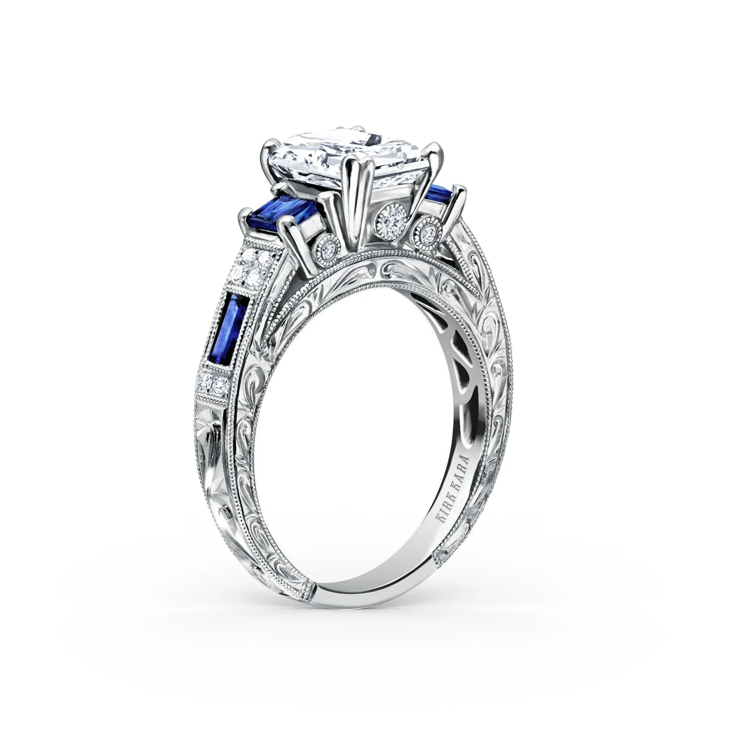 Deco Three Stone Engraved Blue Sapphire Ring with 1 1/2ct Emerald Certified Lab Diamond Center sold by Kirk Kara product image thumbnail 3